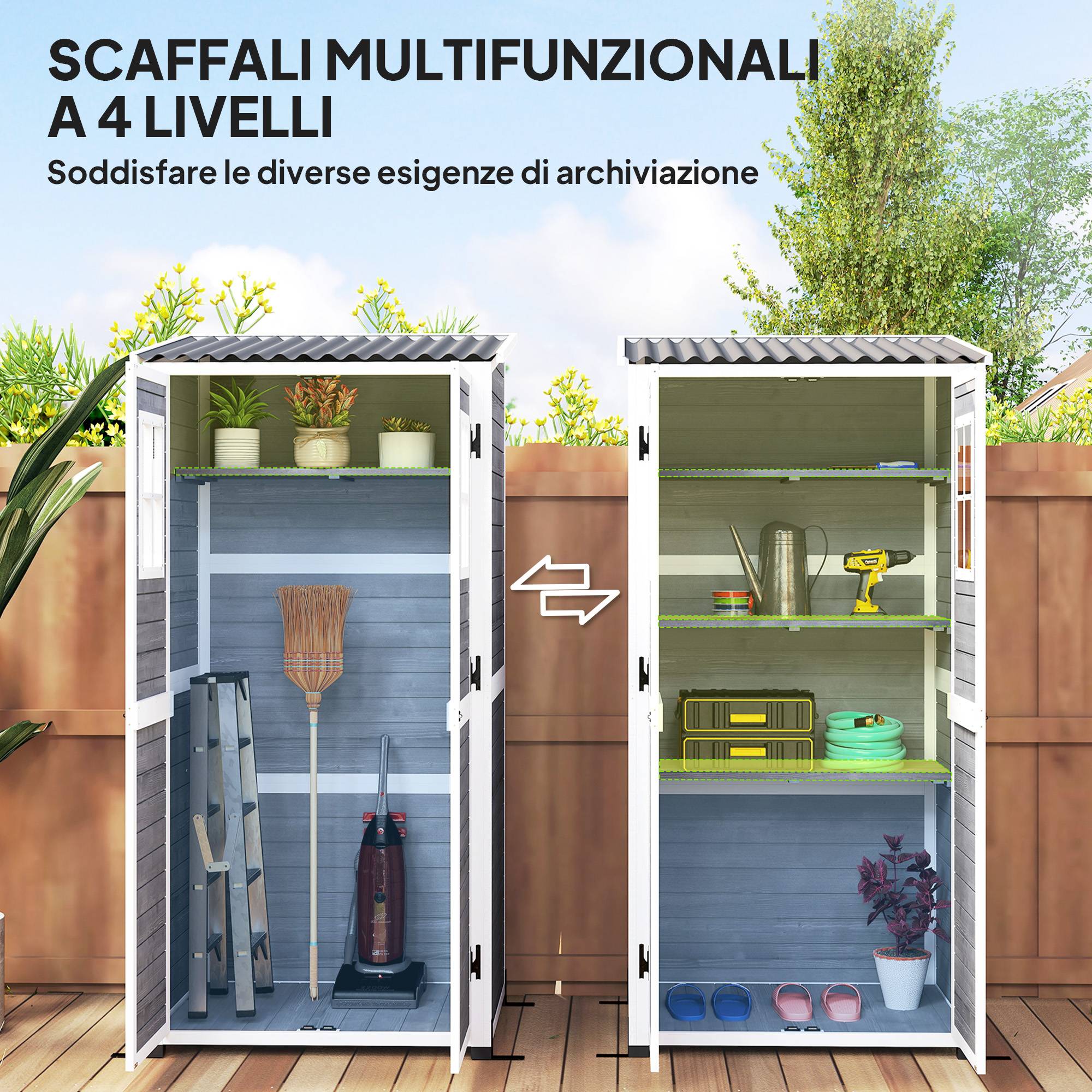 Abri de jardin en bois avec étagères réglables, deux portes verrouillables et fenêtres, gris - Image 7