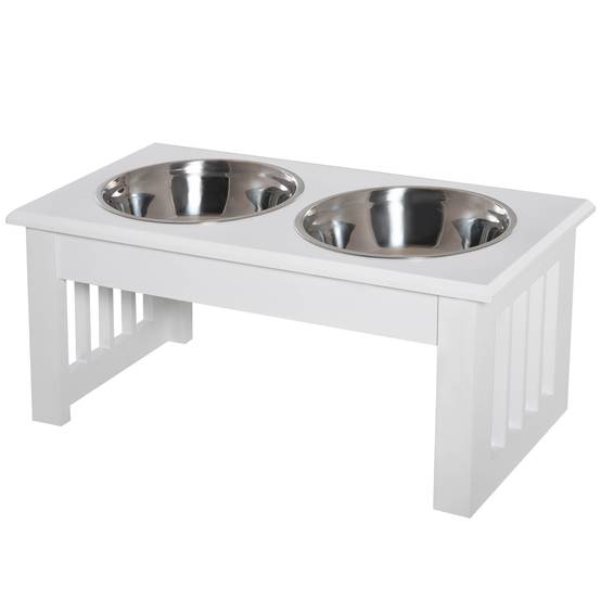 Gamelles chiens surélevées gamelle double chien chat Porte-gamelles surélevé dim. 44L x 24l x 15H cm 2 gamelles 0,9L acier inox. incluses bois blanc - Image 2