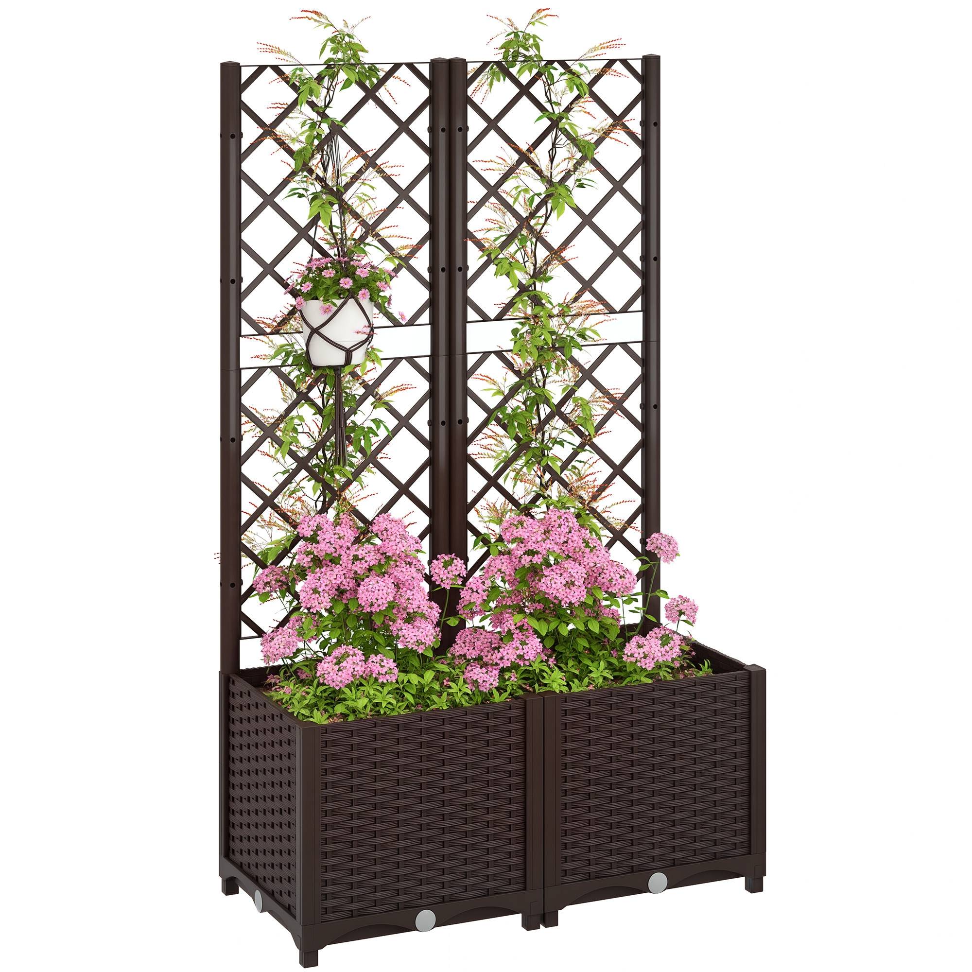 Sans Marque - Jardinière surélevée treillis plantes grimpantes 8 drainage PP 80x40x135 cm marron - Image 1