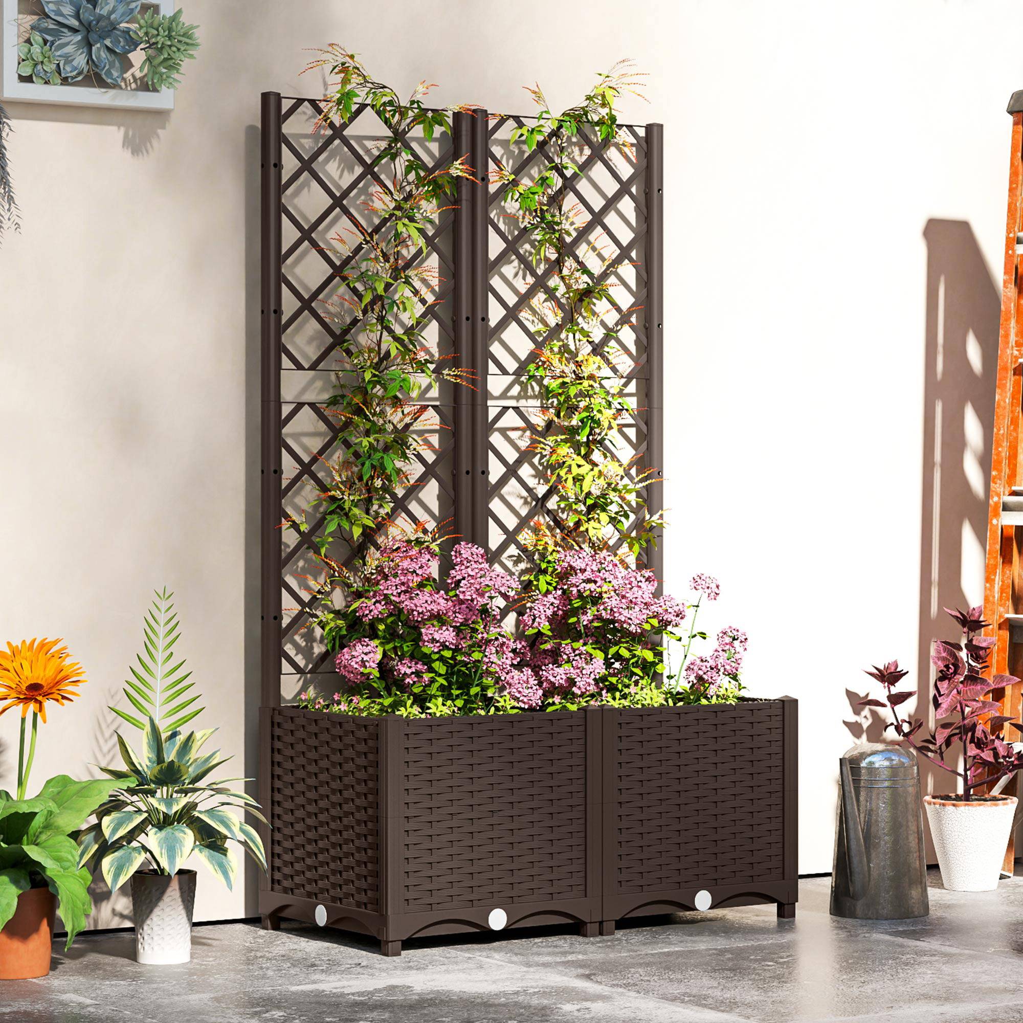 Sans Marque - Jardinière surélevée treillis plantes grimpantes 8 drainage PP 80x40x135 cm marron - Image 4