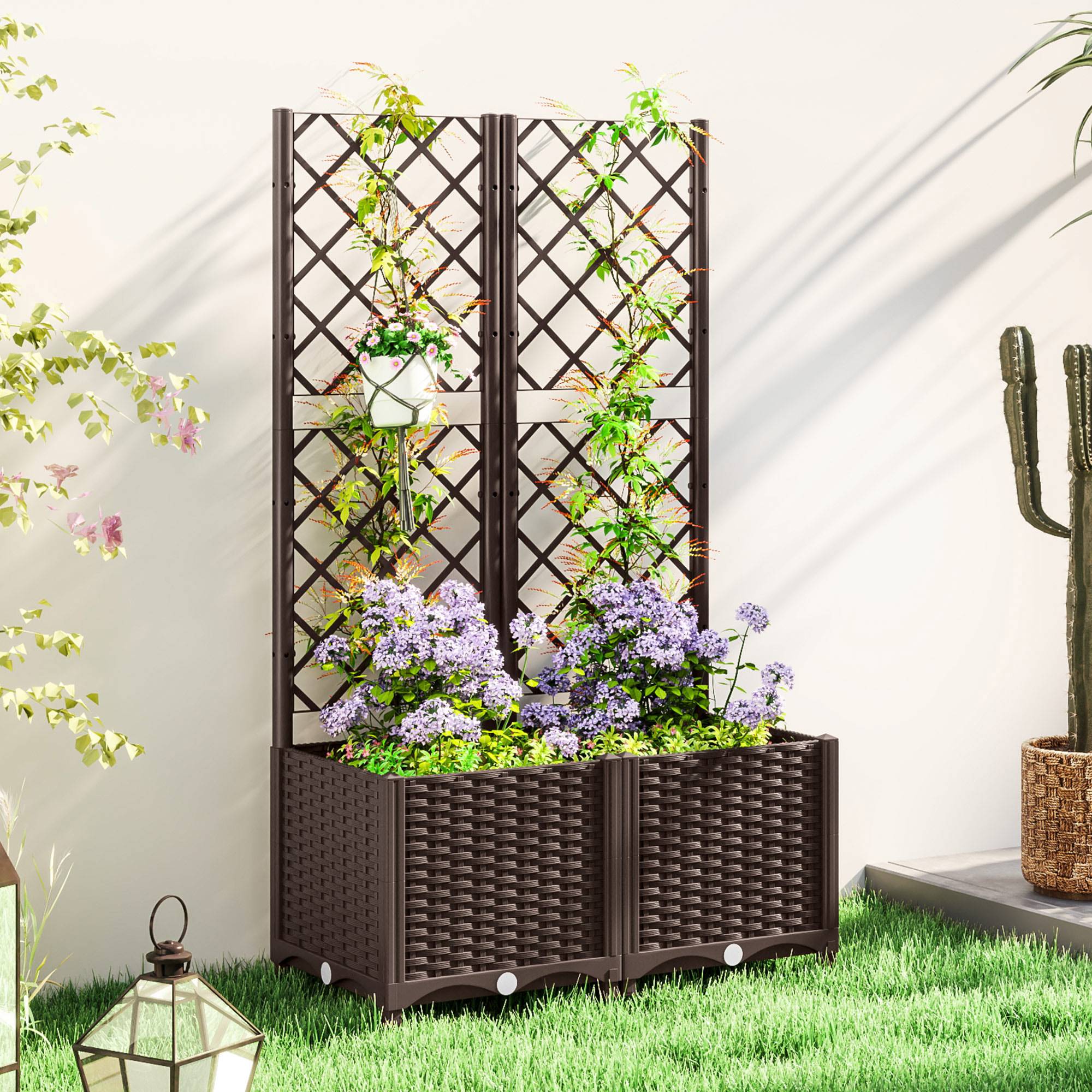 Sans Marque - Jardinière surélevée treillis plantes grimpantes 8 drainage PP 80x40x135 cm marron - Image 3
