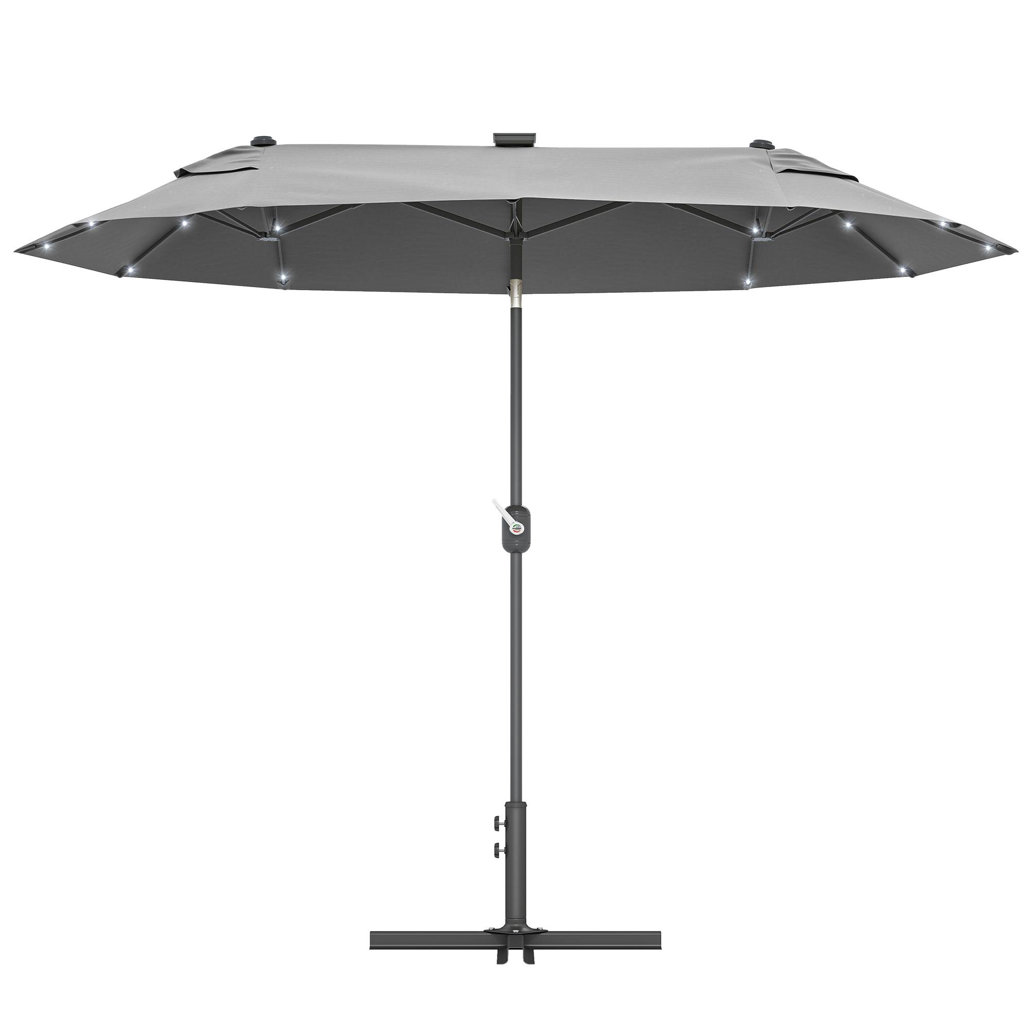 Parasol double avec pied en croix et éclairage solaire, 295 x 150 x 219 cm, gris - Image 2