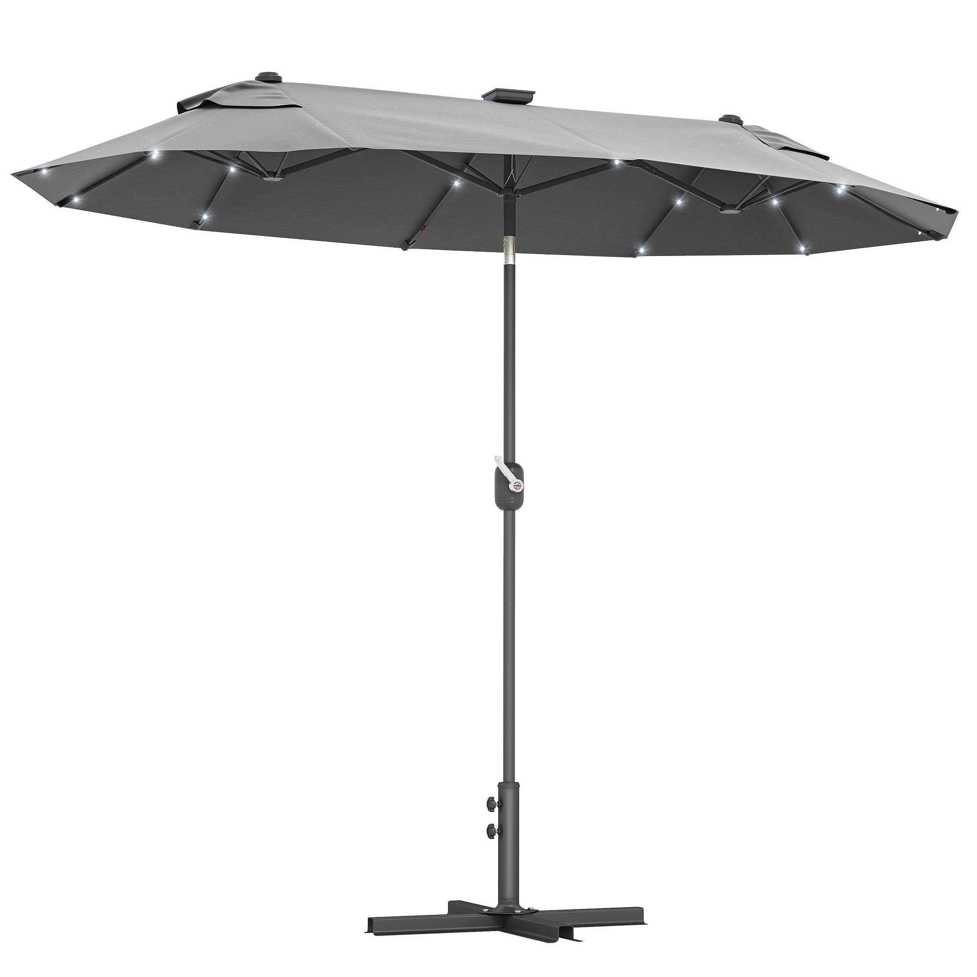 Parasol double avec pied en croix et éclairage solaire, 295 x 150 x 219 cm, gris - Image 1