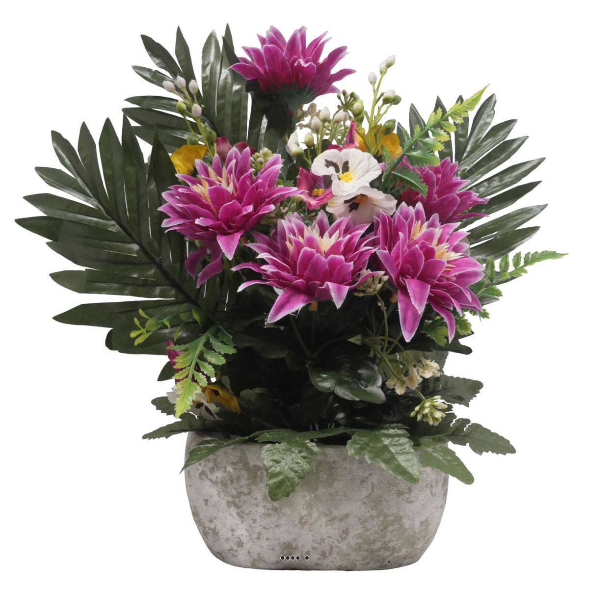 Artificielles - Jardinière pot béton Chrysantheme, Pensée et mini fleurs pourpre pour la Toussaint - couleur: Pourpre 340 - Image 1