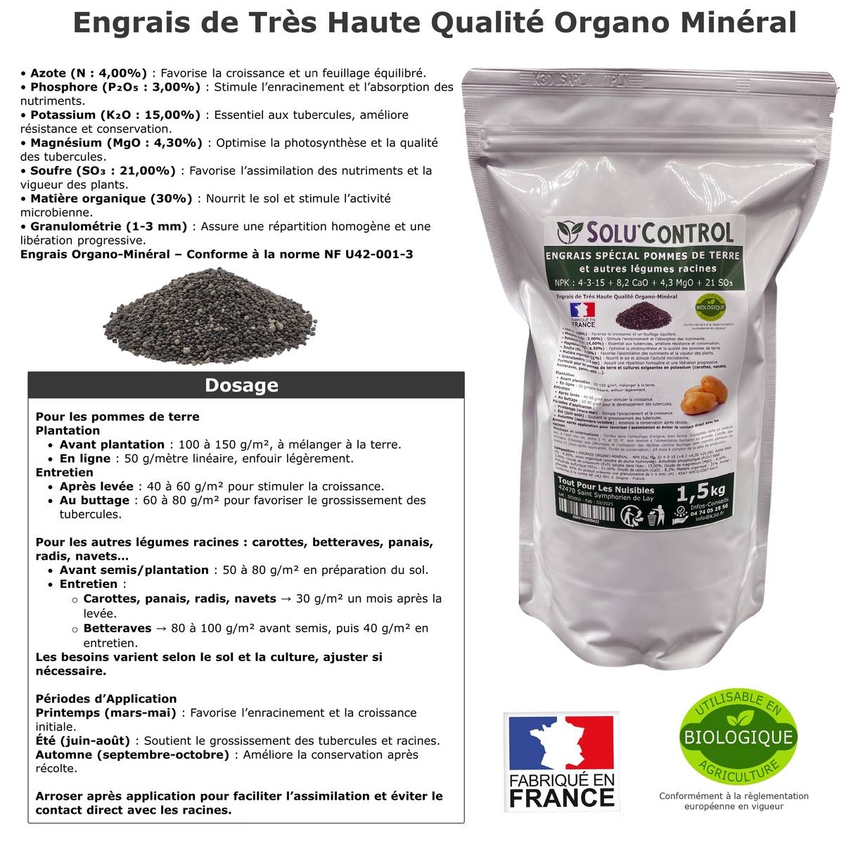 SOLU’CONTROL - 1,5 kg d'engrais spécial pommes de terre et légumes racines 4-3-15 - enrichi en potasse - croissance, grossissement - UAB - Image 3
