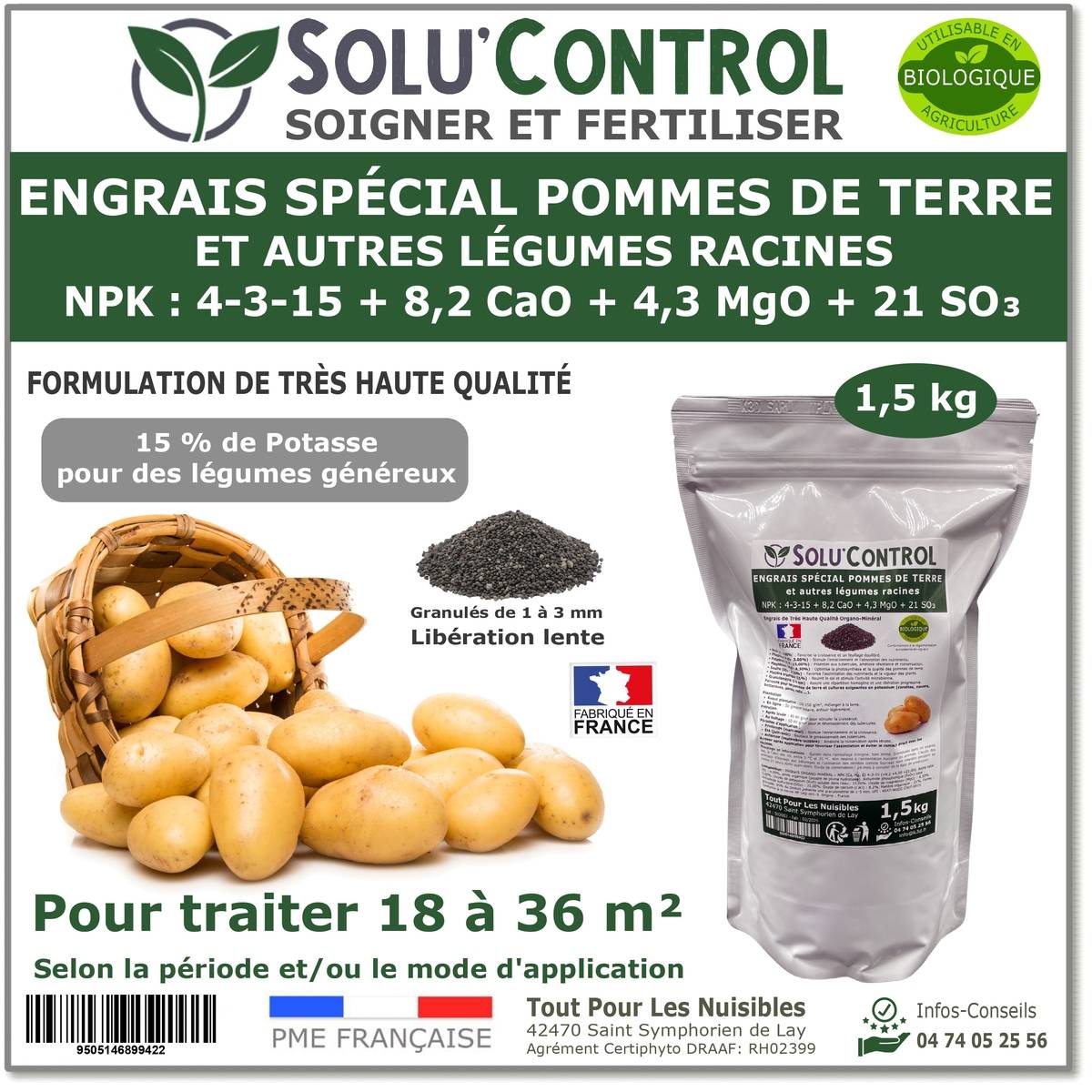 SOLU’CONTROL - 1,5 kg d'engrais spécial pommes de terre et légumes racines 4-3-15 - enrichi en potasse - croissance, grossissement - UAB - Image 1