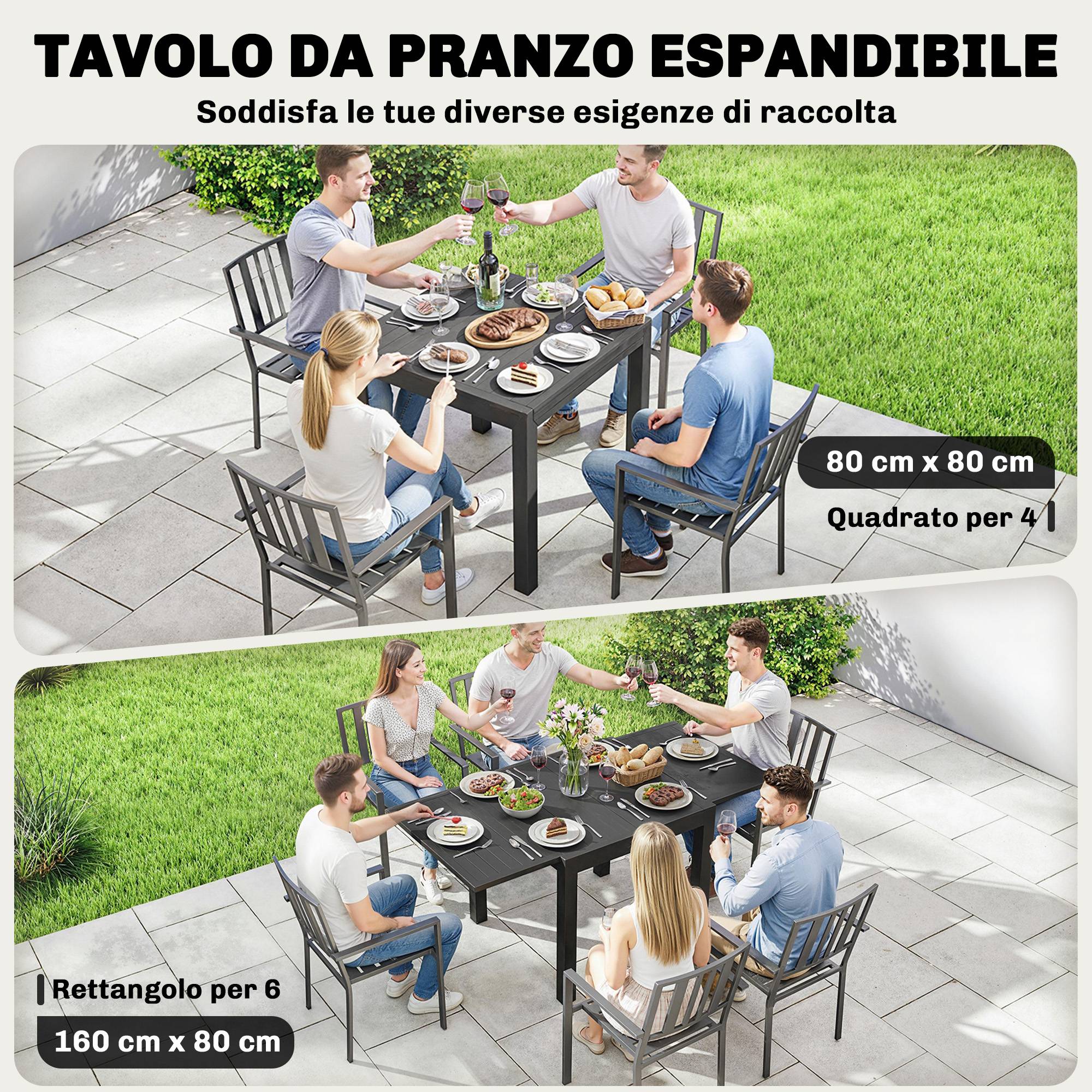 Table jardin lattes extensible 4-6 personnes aluminium, 80-160x80x75 cm noire - Image 6