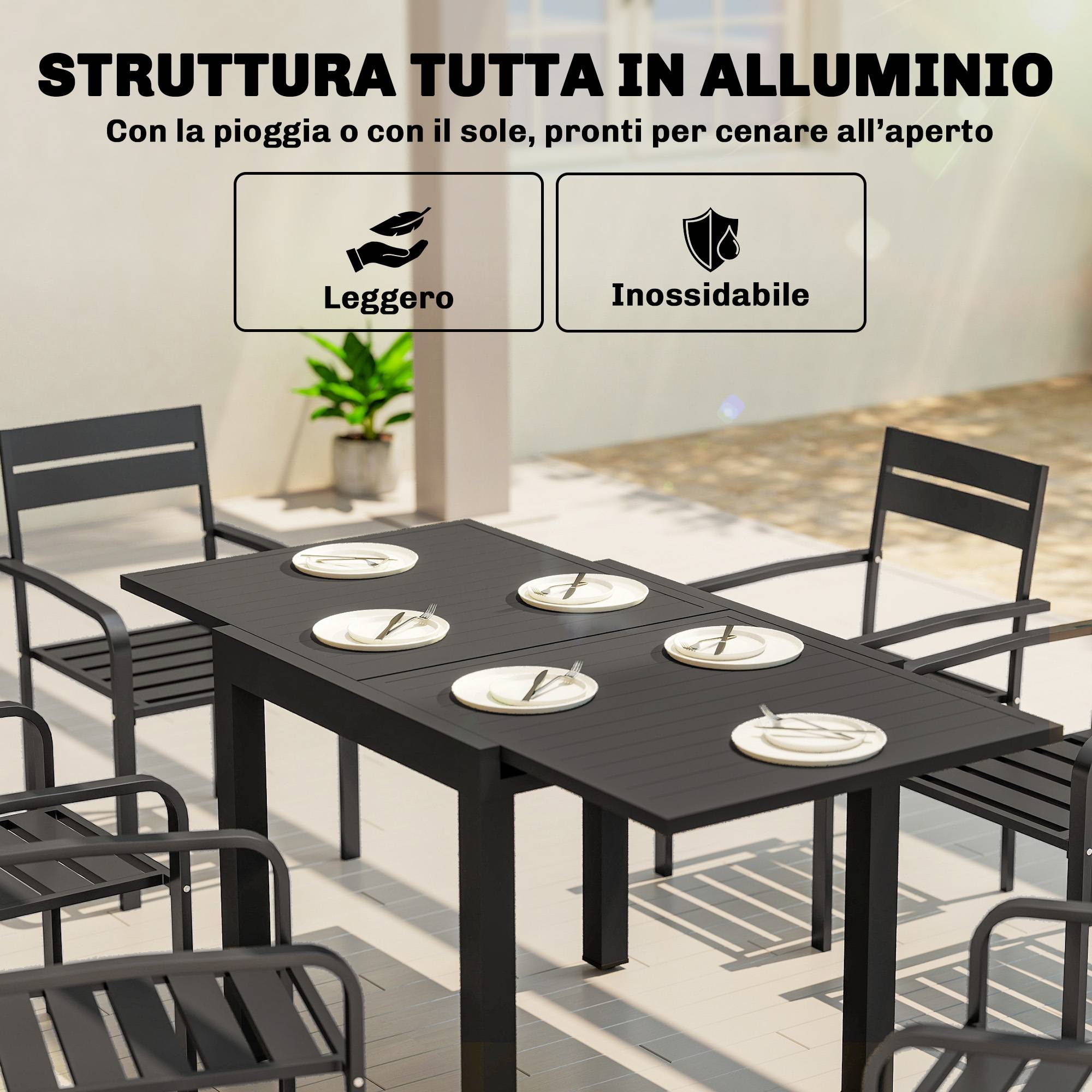 Table jardin lattes extensible 4-6 personnes aluminium, 80-160x80x75 cm noire - Image 7