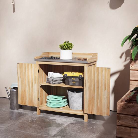 Table de rempotage armoire de rangement avec 2 étagères, plateau galvanisé patins antidérapants en bois sapin - Image 3