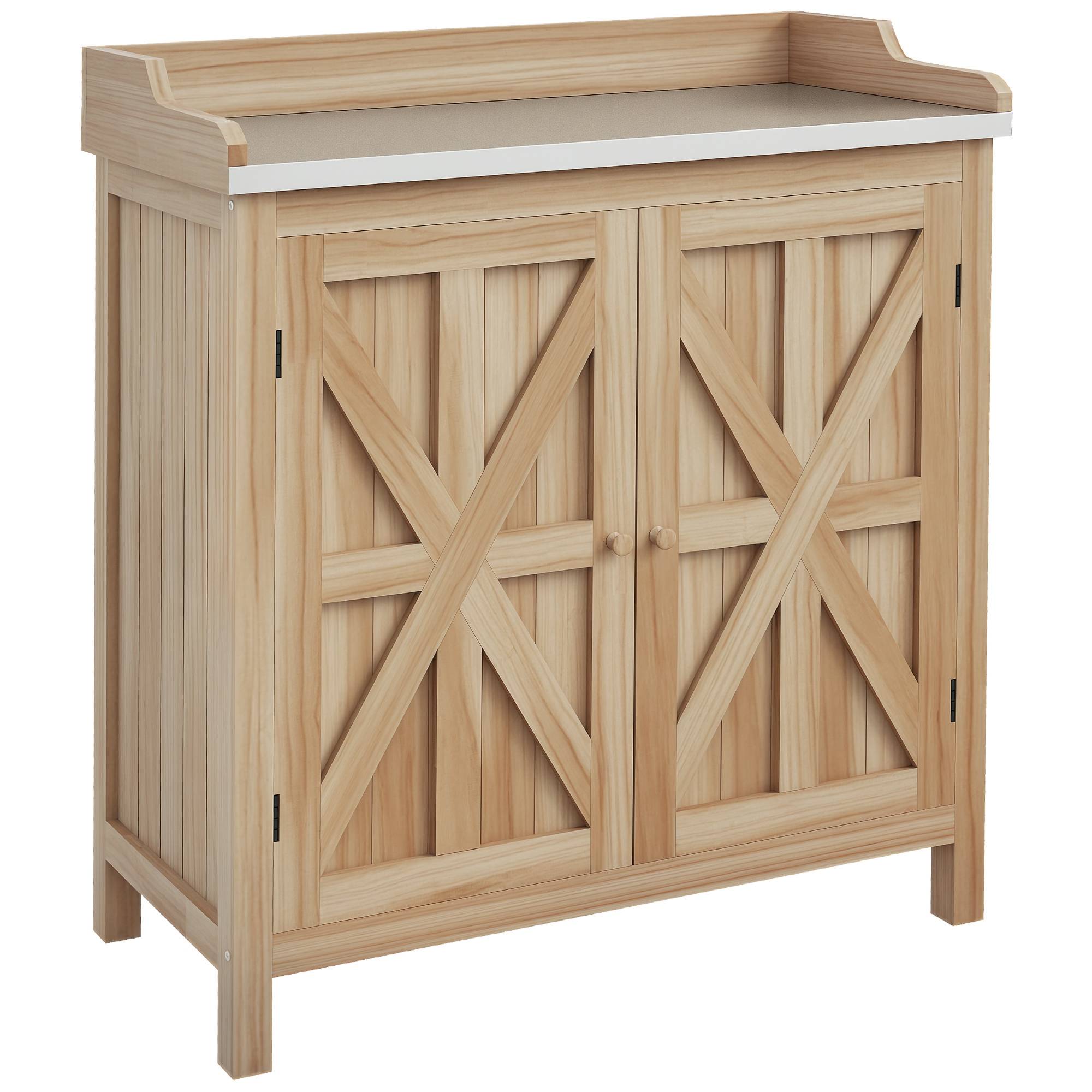Table de rempotage armoire de rangement avec 2 étagères, plateau galvanisé patins antidérapants en bois sapin - Image 1