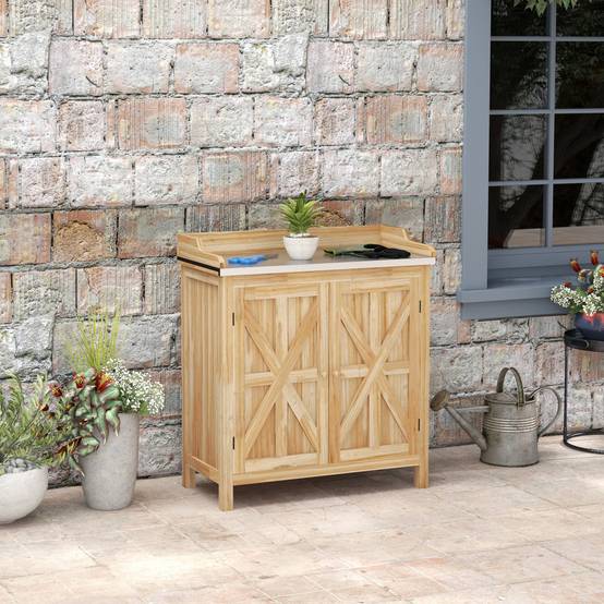 Table de rempotage armoire de rangement avec 2 étagères, plateau galvanisé patins antidérapants en bois sapin - Image 4