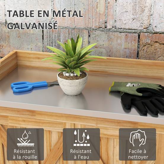 Table de rempotage armoire de rangement avec 2 étagères, plateau galvanisé patins antidérapants en bois sapin - Image 7