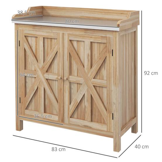 Table de rempotage armoire de rangement avec 2 étagères, plateau galvanisé patins antidérapants en bois sapin - Image 5
