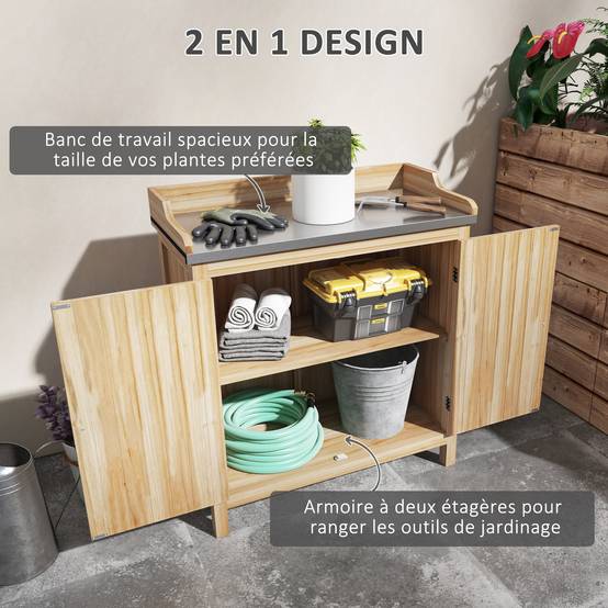 Table de rempotage armoire de rangement avec 2 étagères, plateau galvanisé patins antidérapants en bois sapin - Image 6
