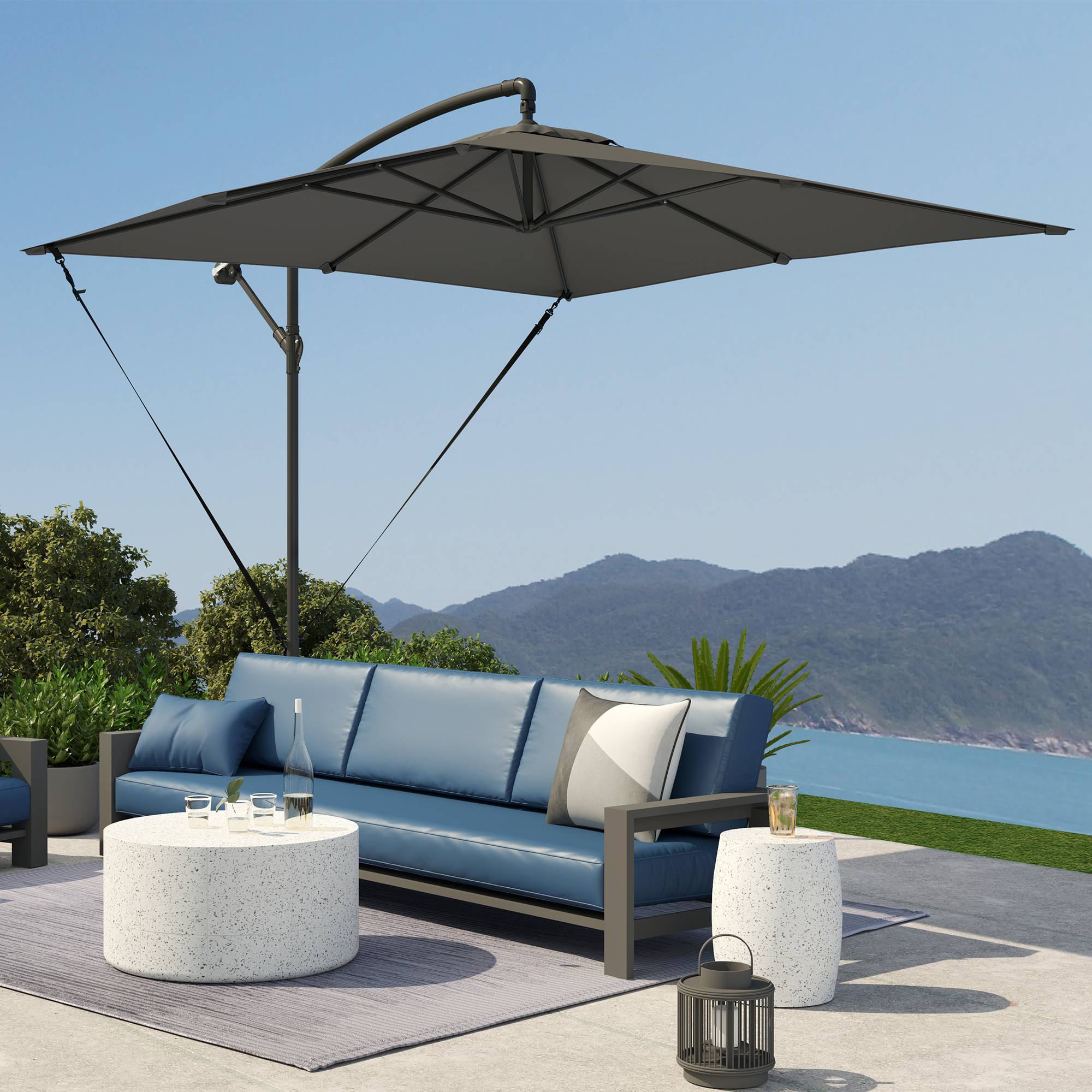 Parasol déporté parasol de jardin extérieur Toile ajustable 8 baleines base en croix manivelle, 2,5 x 2,5 m, gris foncé - Image 10