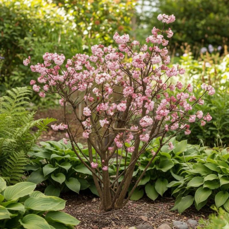 Viorne d'hiver Charles Lamont, Viburnum à fleurs Rose - feuillage Caduc - Pot de 3L - 40/60 cm-  hauteur à maturité De 2,50 m à 3,00 m - Image 7