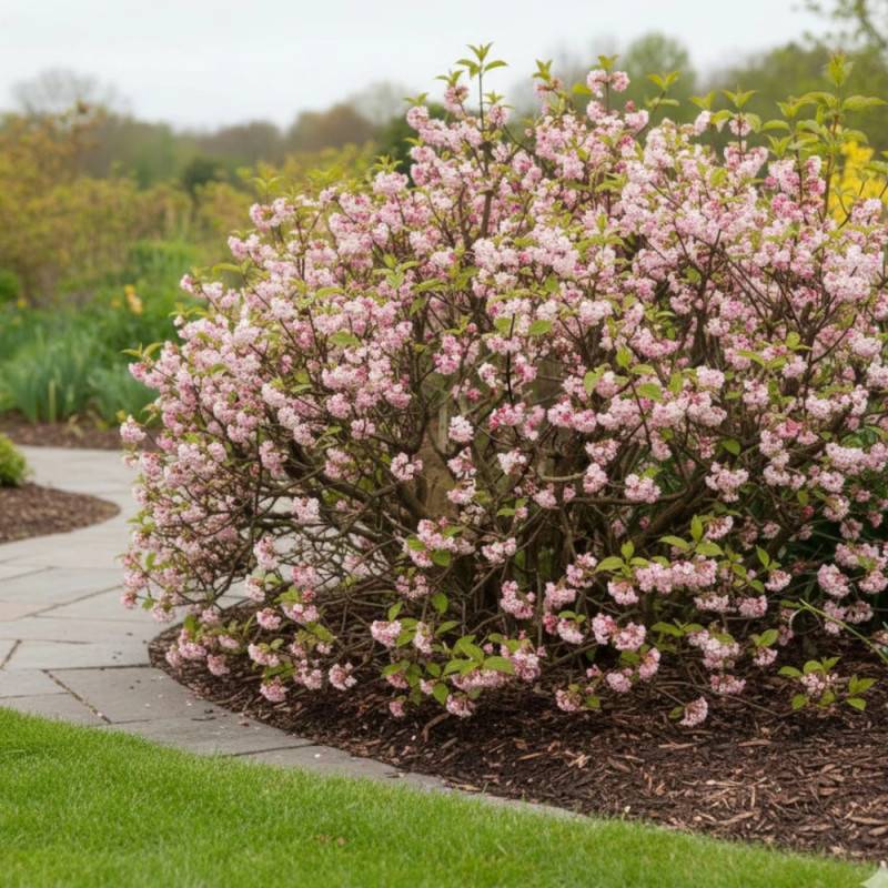Viorne d'hiver Charles Lamont, Viburnum à fleurs Rose - feuillage Caduc - Pot de 3L - 40/60 cm-  hauteur à maturité De 2,50 m à 3,00 m - Image 5