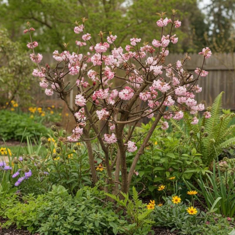 Viorne d'hiver Charles Lamont, Viburnum à fleurs Rose - feuillage Caduc - Pot de 3L - 40/60 cm-  hauteur à maturité De 2,50 m à 3,00 m - Image 6
