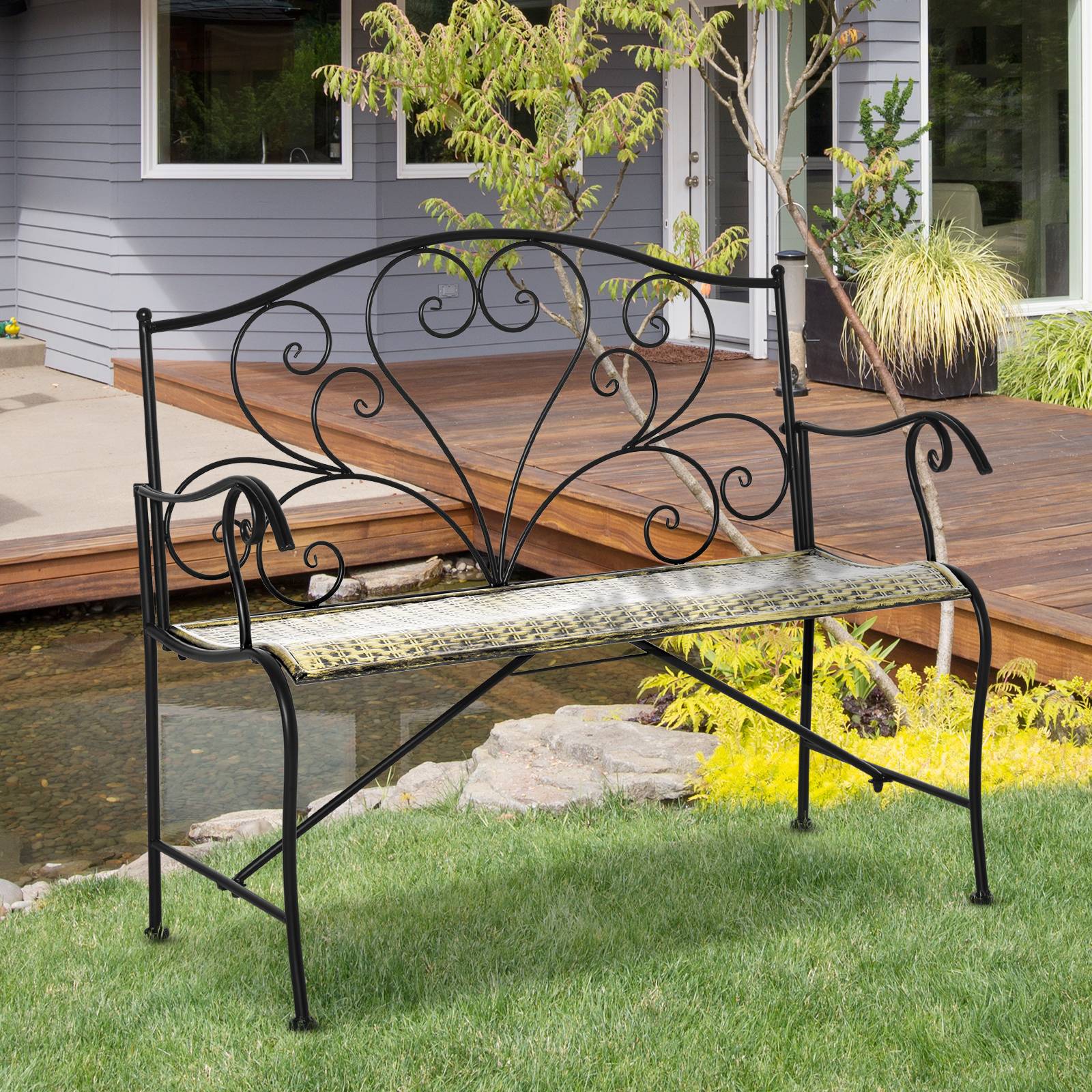 Banc de Jardin 2 Places Style néo-rétro Fer forgé Lignes fuselées métal Noir doré Effet Vieilli - Image 3