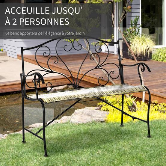 Banc de Jardin 2 Places Style néo-rétro Fer forgé Lignes fuselées métal Noir doré Effet Vieilli - Image 6