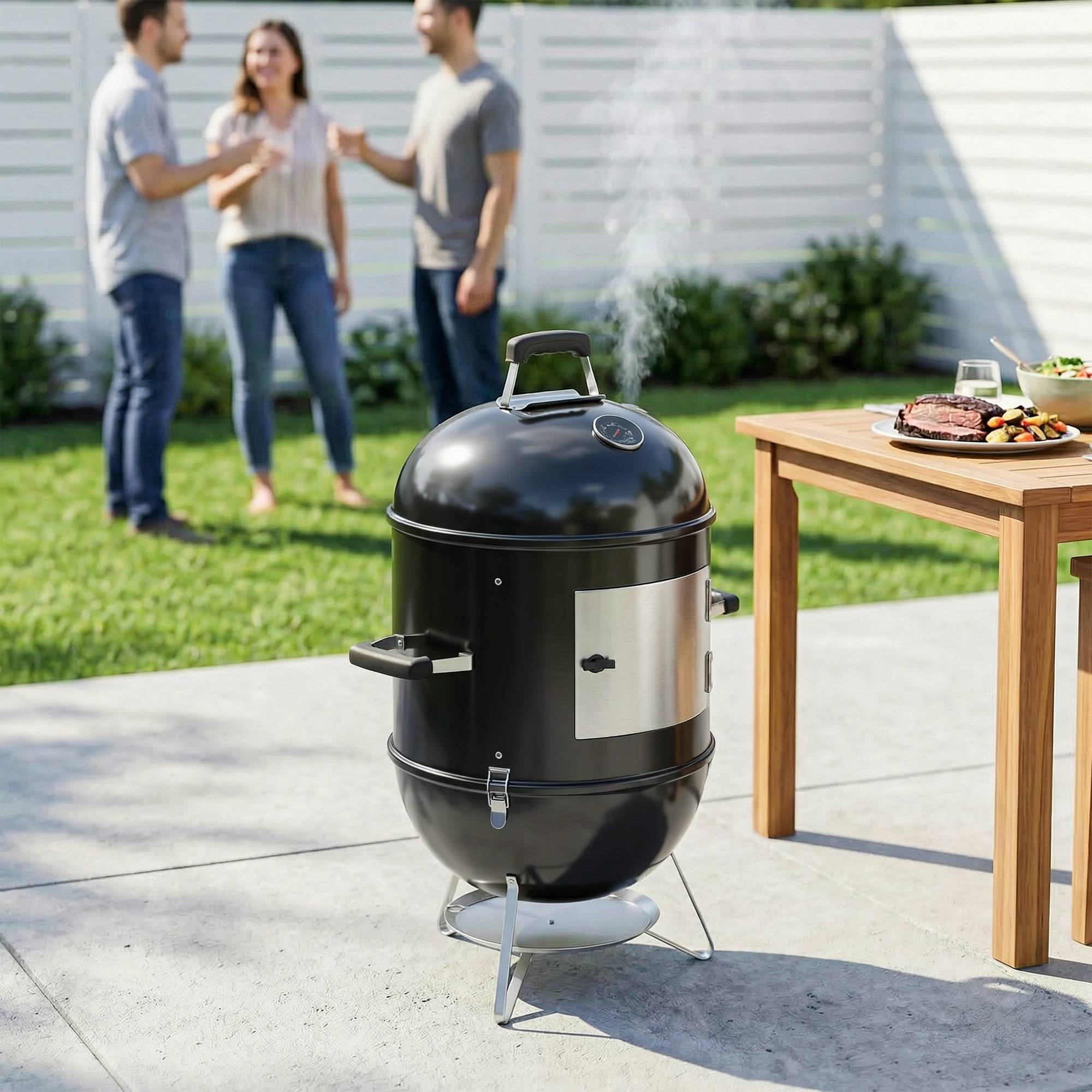 Sans Marque - Fumoir 3 en 1 avec 3 Grilles de Cuisson, Thermomètre Intégré, Ventilation réglable, 62,5x47,5x91cm, Noir - Image 4