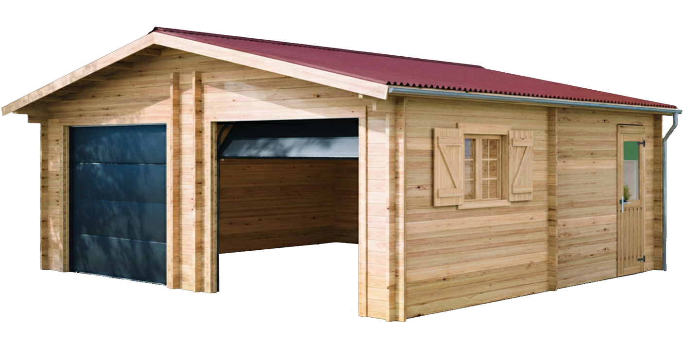 Habrita - Garage double Madriers bois massif double rainurage - 60 mm -  42,16 m2 - Porte de garage sectionnelle motorisée - Image 3