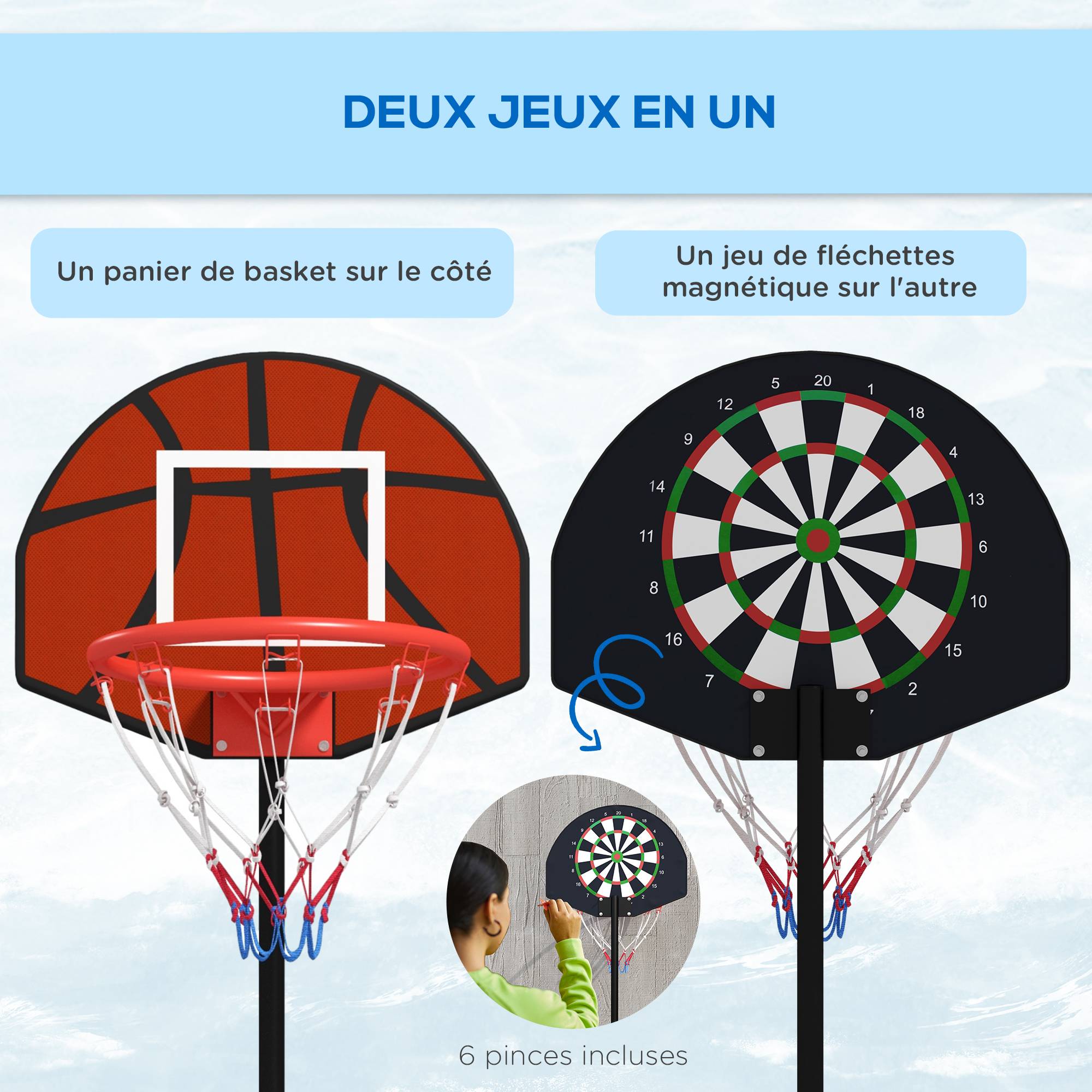 Support panier de basket-ball 2 en 1 avec hauteur réglable 129-179 cm et jeu de 6 fléchettes magnétique - Image 6