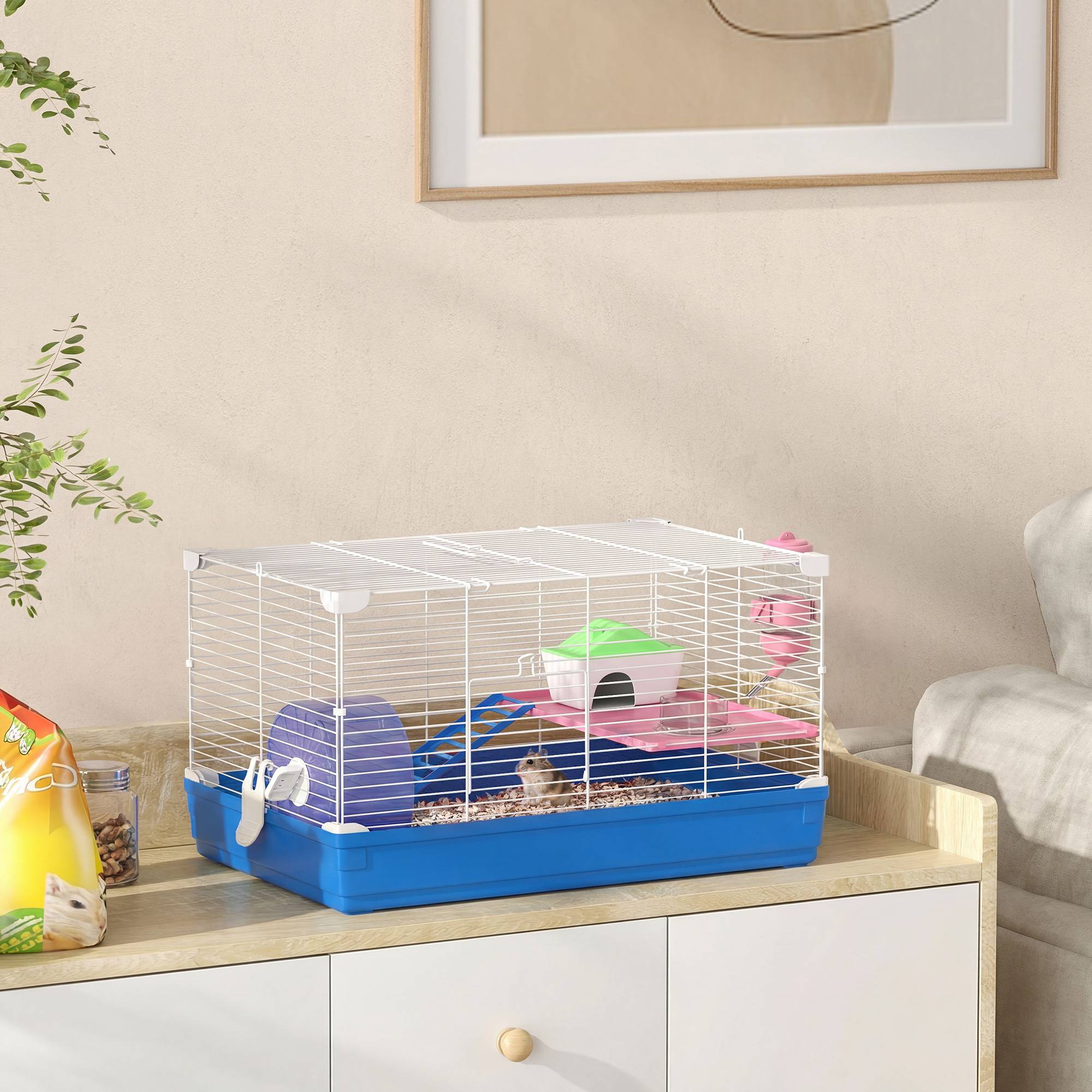 Petite cage hamster métal gerbille rongeur kit complet 2 niveaux 47x30x27cm bleu - ComfortXL Outdoor Living - Image 4