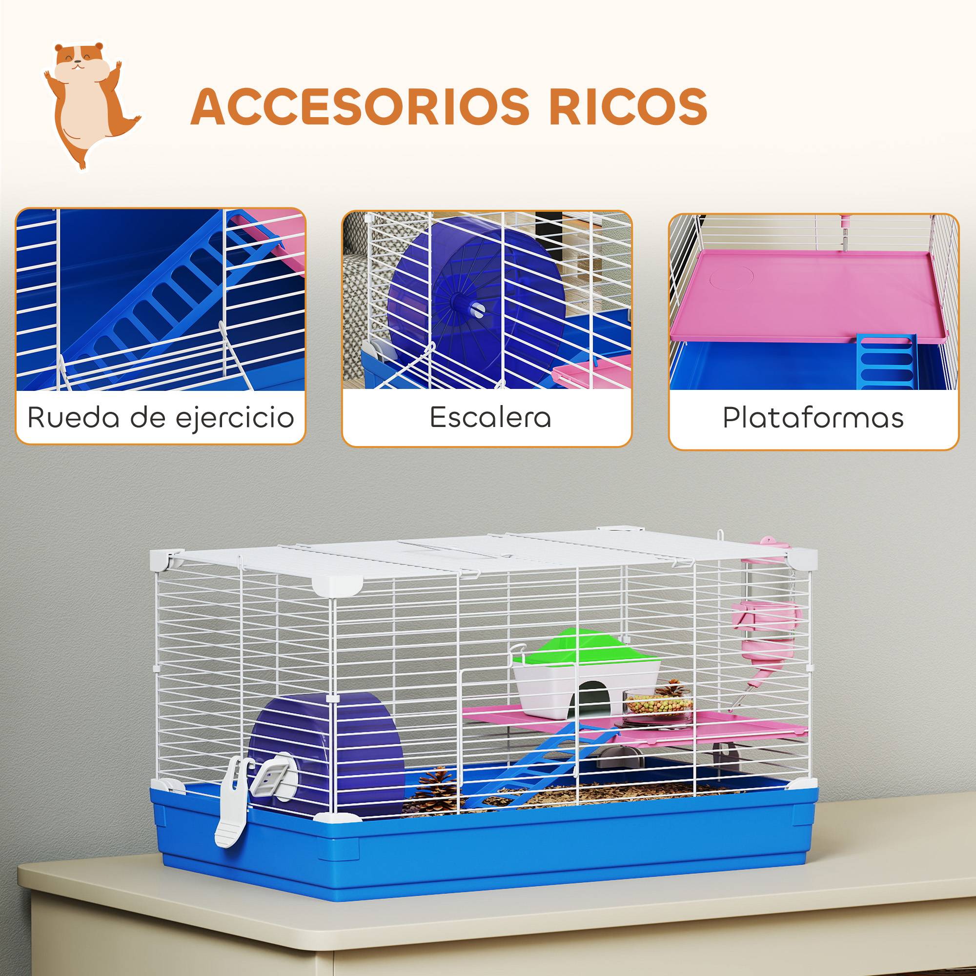 Petite cage hamster métal gerbille rongeur kit complet 2 niveaux 47x30x27cm bleu - ComfortXL Outdoor Living - Image 8