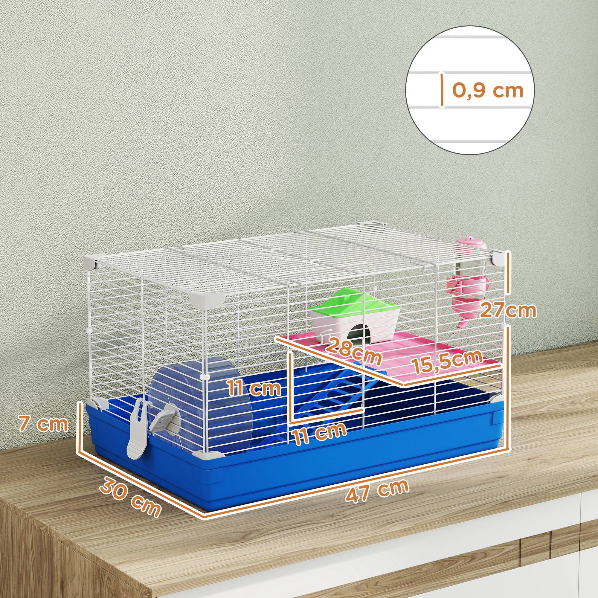 Petite cage hamster métal gerbille rongeur kit complet 2 niveaux 47x30x27cm bleu - ComfortXL Outdoor Living - Image 5