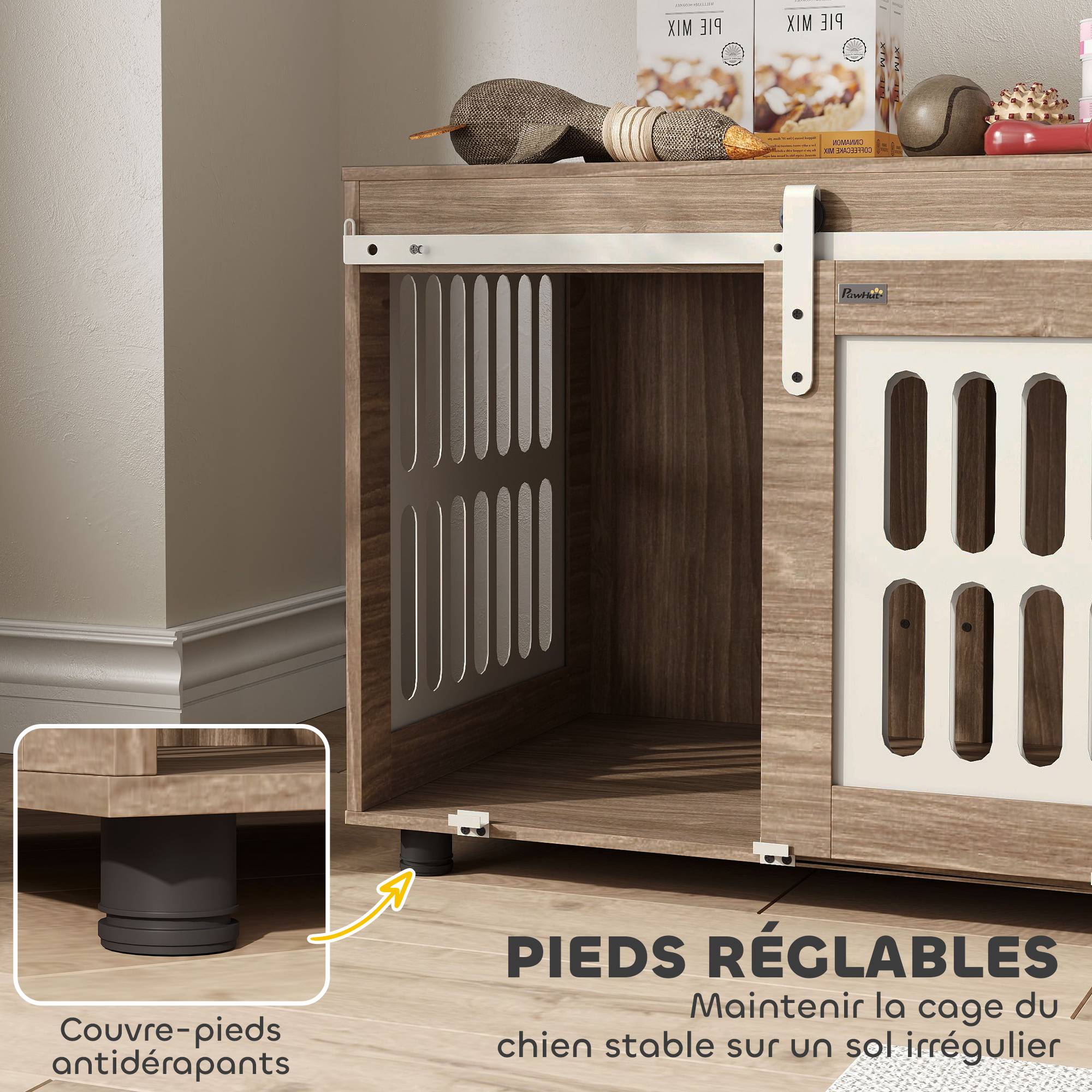 Meuble cage pour chien avec porte coulissante, maison pour chien de moyenne, table d'appoint, 80 x 59 x 63 cm, noyer - Image 8