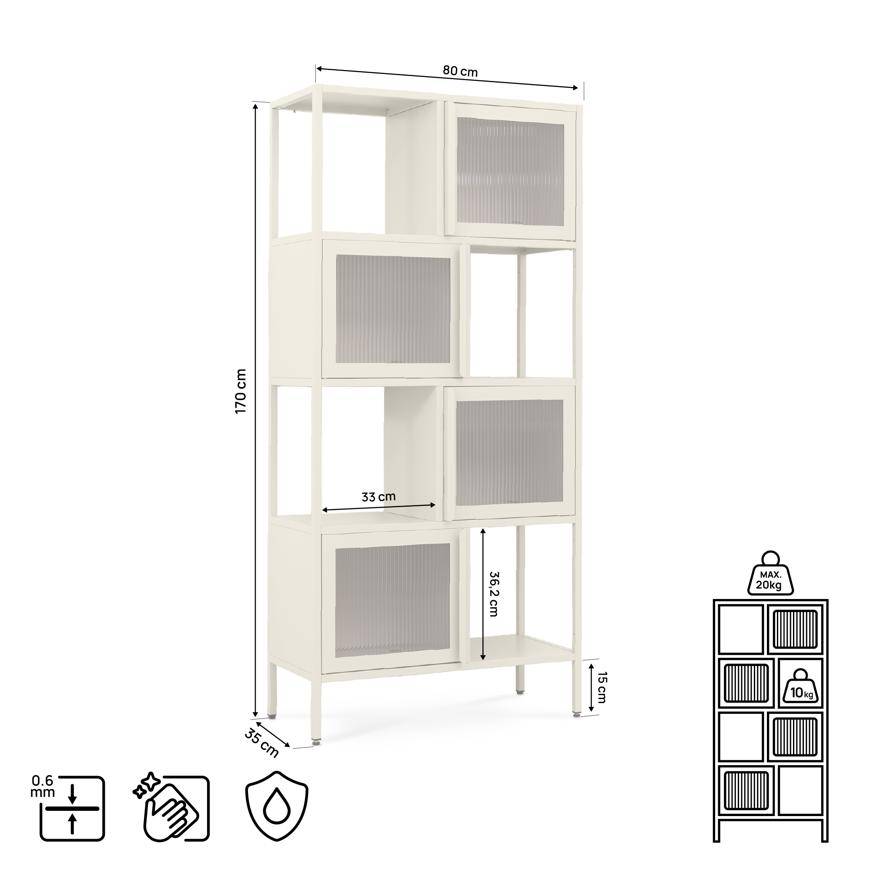 Sicaan Etagères Industrielle en métal H170 cm 4 Portes 4 niches Beige et Verre cannelé Kiara - Image 2