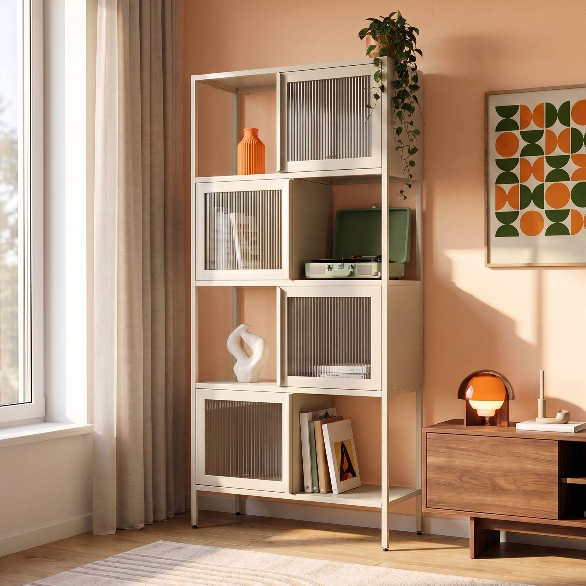 Sicaan Etagères Industrielle en métal H170 cm 4 Portes 4 niches Beige et Verre cannelé Kiara - Image 1
