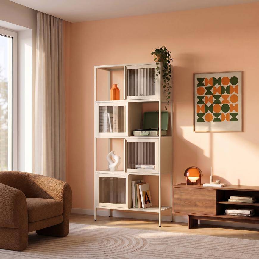 Sicaan Etagères Industrielle en métal H170 cm 4 Portes 4 niches Beige et Verre cannelé Kiara - Image 4
