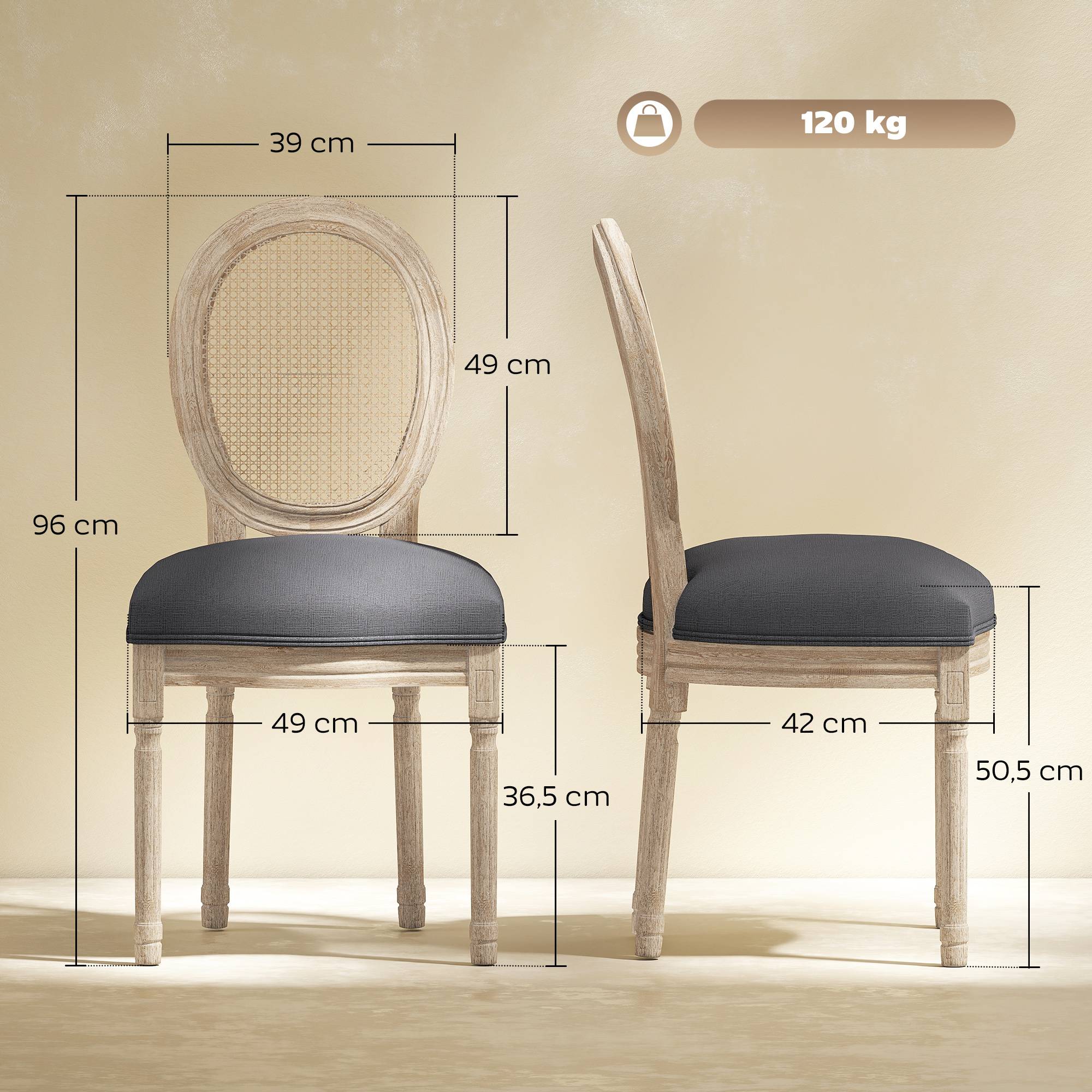 Lot de 2 chaises de Salle à Manger - Chaise de Salon médaillon Style Louis XVI - Bois Massif sculpté, patiné - Image 5