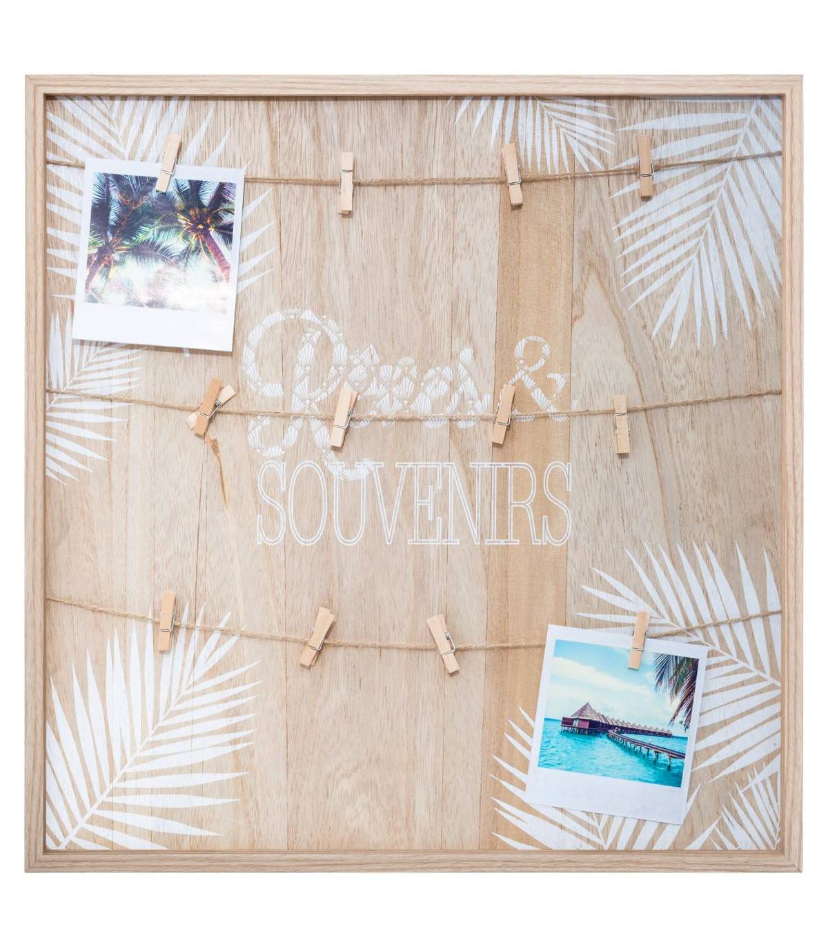Porte Photos mural en Bois avec suspension cordes et pinces 48 x 48 cm - Image 1