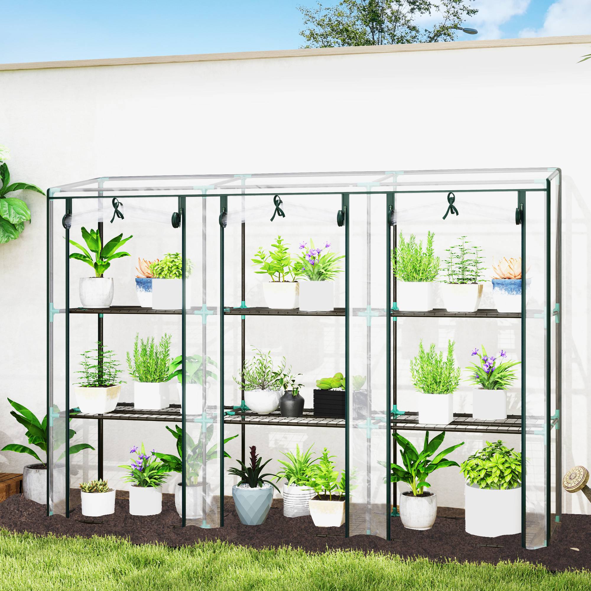 Sans Marque - Serre de jardin avec étagères à 3 niveaux serre de balcon 3 portes enroulables zippées 215 x 46 x 151 cm transparent - Image 3