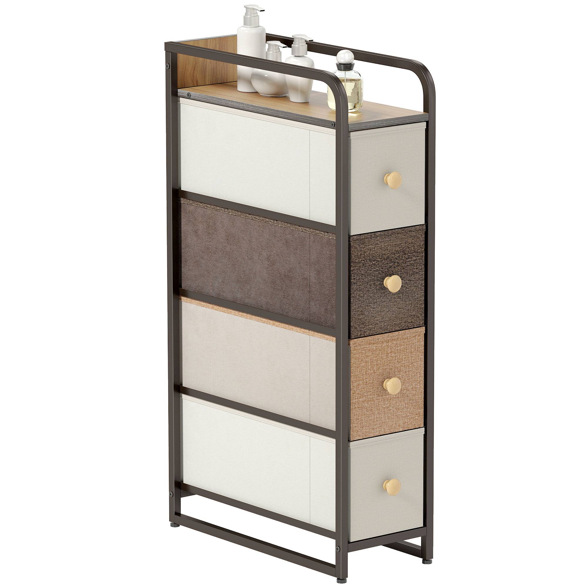 Commode 4 tiroirs tissu avec structure acier et plateau bois, meuble rangement chambre salon bureau 20x47x84,5 cm multicolore - Image 1