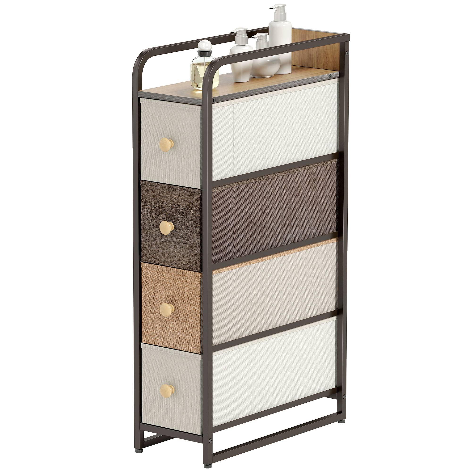 Commode 4 tiroirs tissu avec structure acier et plateau bois, meuble rangement chambre salon bureau 20x47x84,5 cm multicolore - Image 2