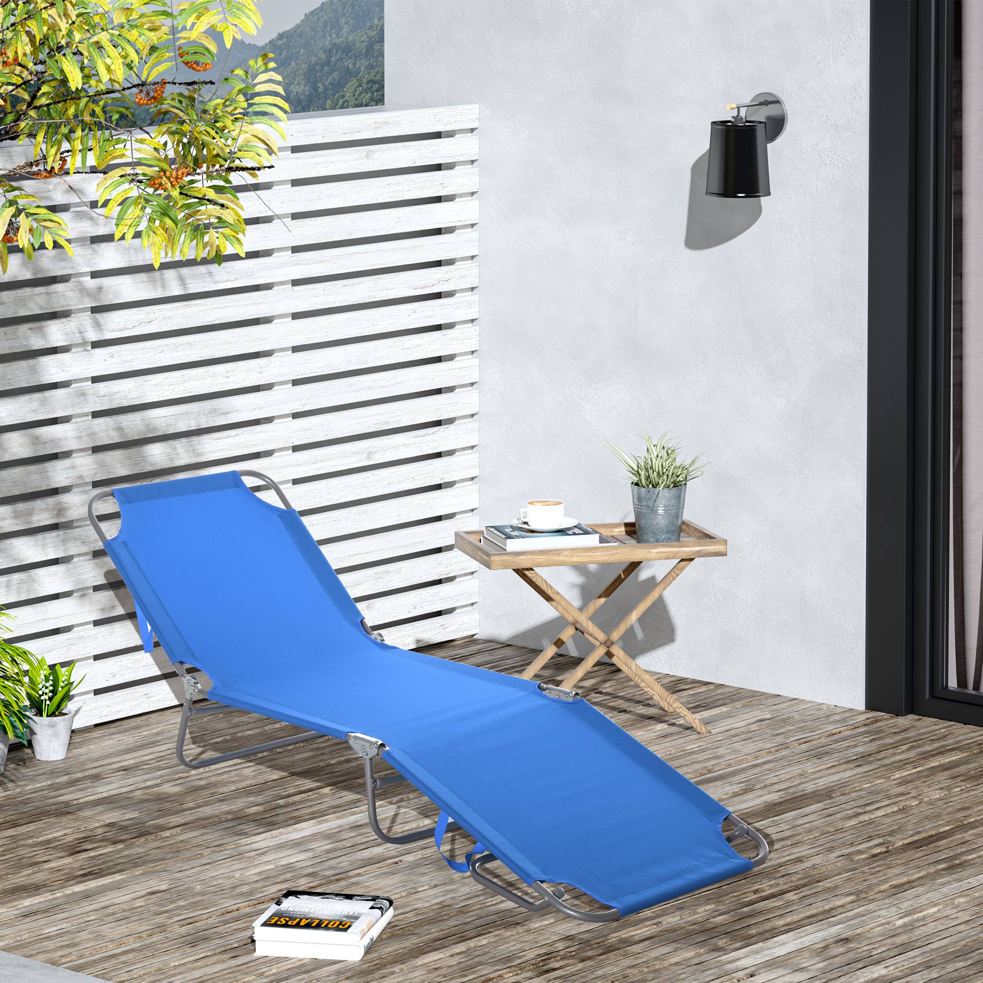 Transat bleu pliable 5 positions, 187x55x24 cm, capacité 120 kg pour piscine, mobilier extérieur design sobre pour jardin pratique et confortable - Image 3