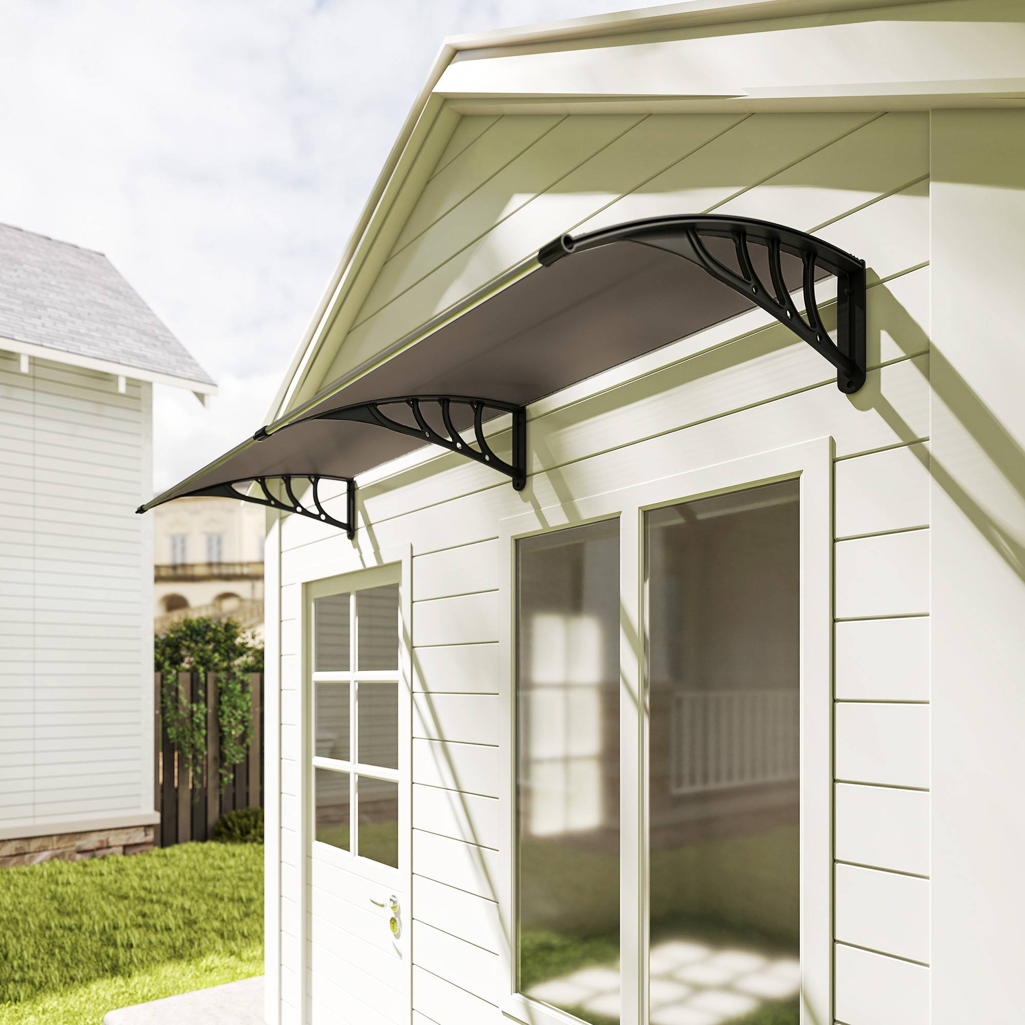 Outsunny - Auvent marquise de porte design voûté arrondi dim. 195L x 80l x 23H cm polycarbonate fumé brun plastique noir - Outsunny - Image 2