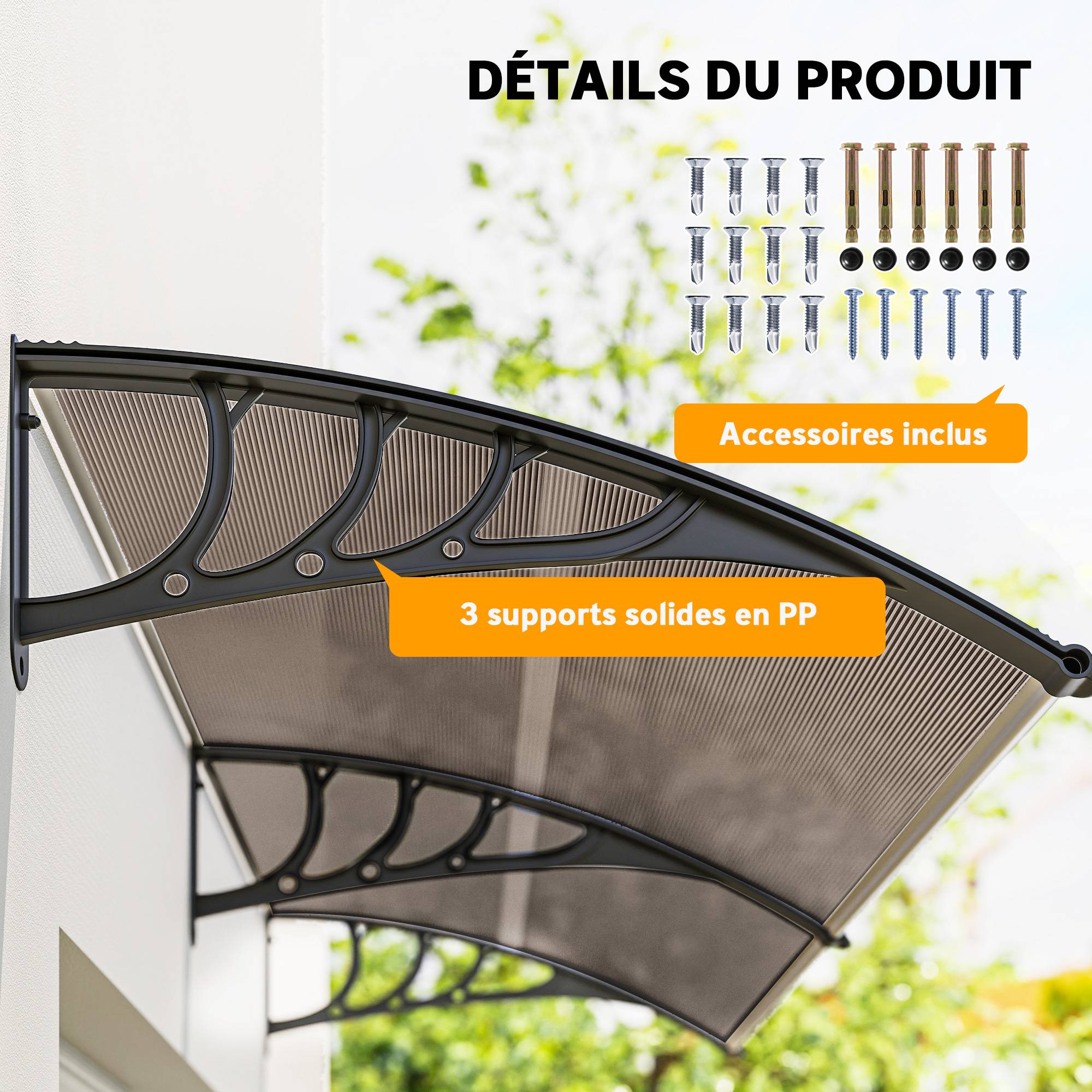 Outsunny - Auvent marquise de porte design voûté arrondi dim. 195L x 80l x 23H cm polycarbonate fumé brun plastique noir - Outsunny - Image 4