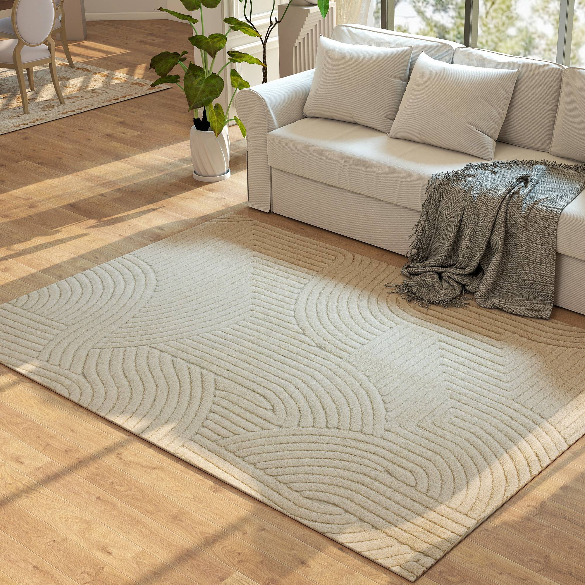 Sans Marque - Tapis salon 230x160 cm poils courts style moderne envers antidérapant tissé machine crème - Image 4