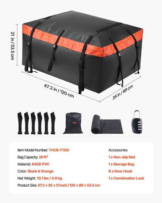 VEVOR Sac toit voiture 566 L, PVC 840D, étanche, serrure, tapis antidérapant. - Image 7