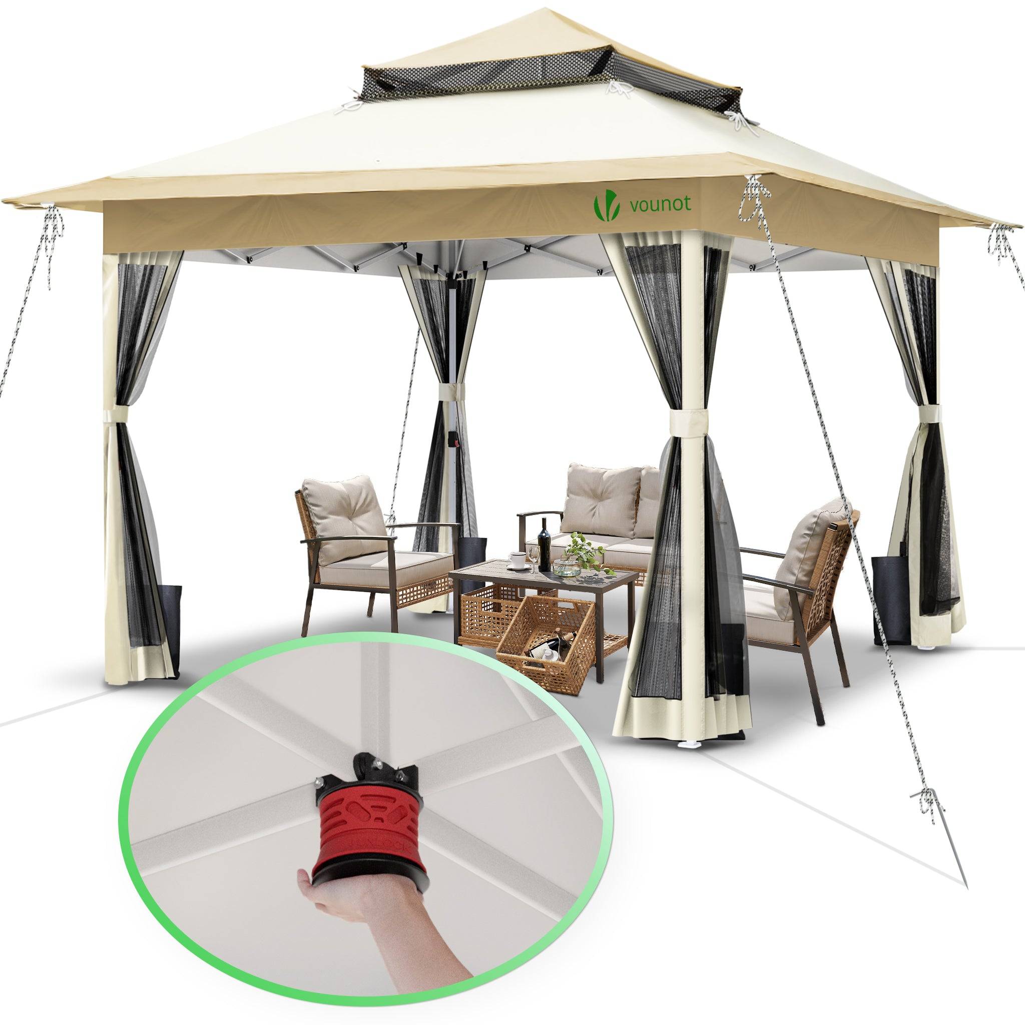 VOUNOT® Tonnelle de jardin 3,6x3,6m pliable avec moustiquaire installation facile POP UP beige - Image 1