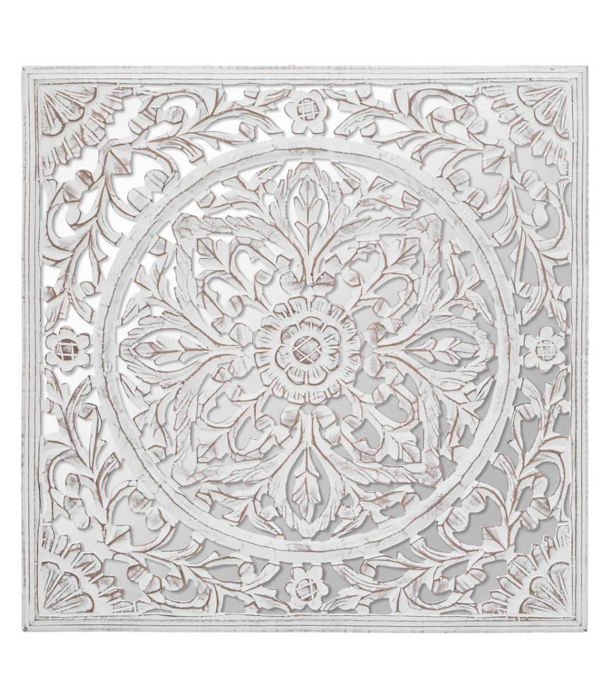 Décoration murale en Bois Blanc sculpté aspect vieilli avec Miroir 58 x 58 cm - Image 1