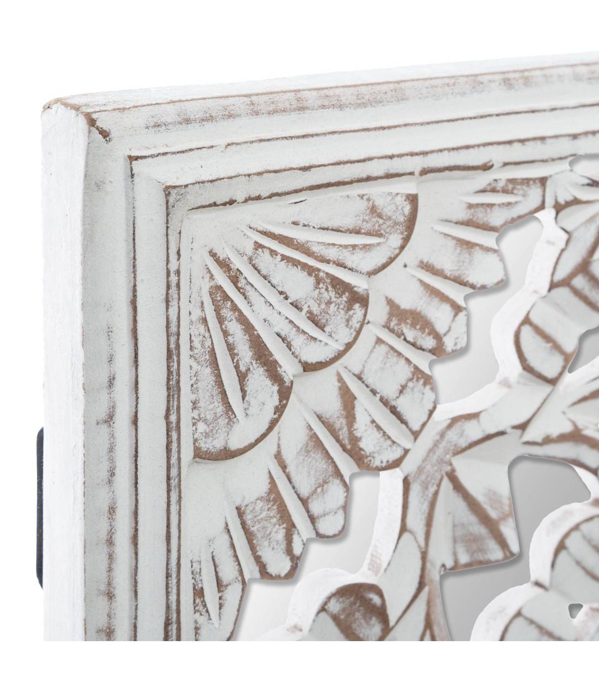 Décoration murale en Bois Blanc sculpté aspect vieilli avec Miroir 58 x 58 cm - Image 2