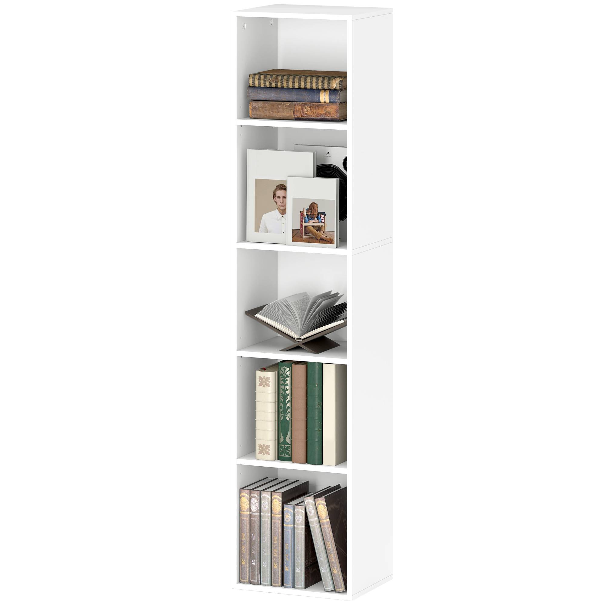 Bibliothèque, 5 compartiments, étagères réglables, bois, 30 x 24 x 133,5 cm, blanche - Image 2