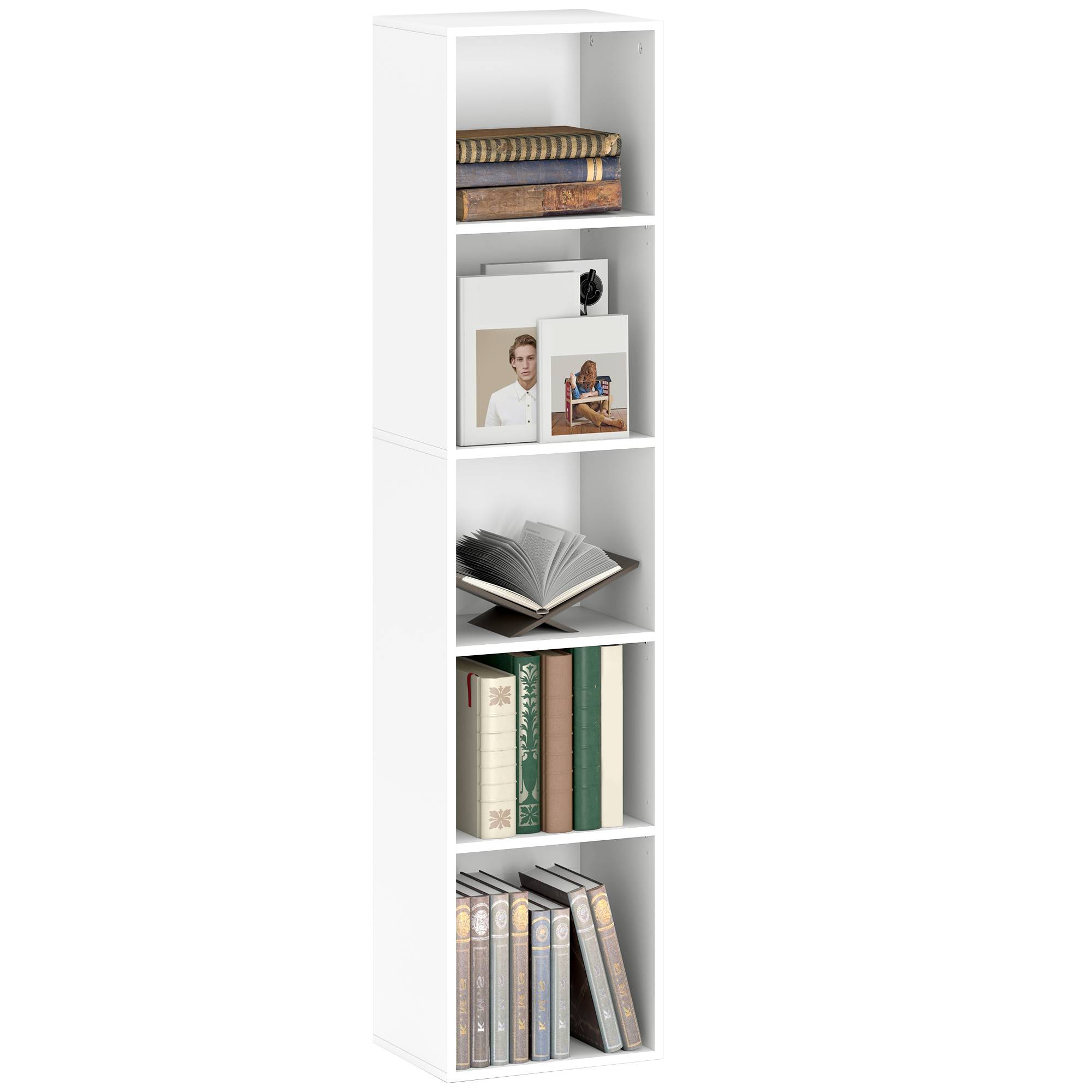 Bibliothèque, 5 compartiments, étagères réglables, bois, 30 x 24 x 133,5 cm, blanche - Image 1