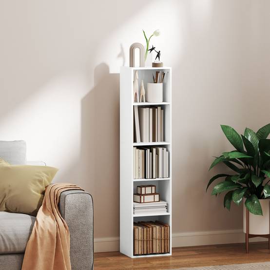 Bibliothèque, 5 compartiments, étagères réglables, bois, 30 x 24 x 133,5 cm, blanche - Image 3
